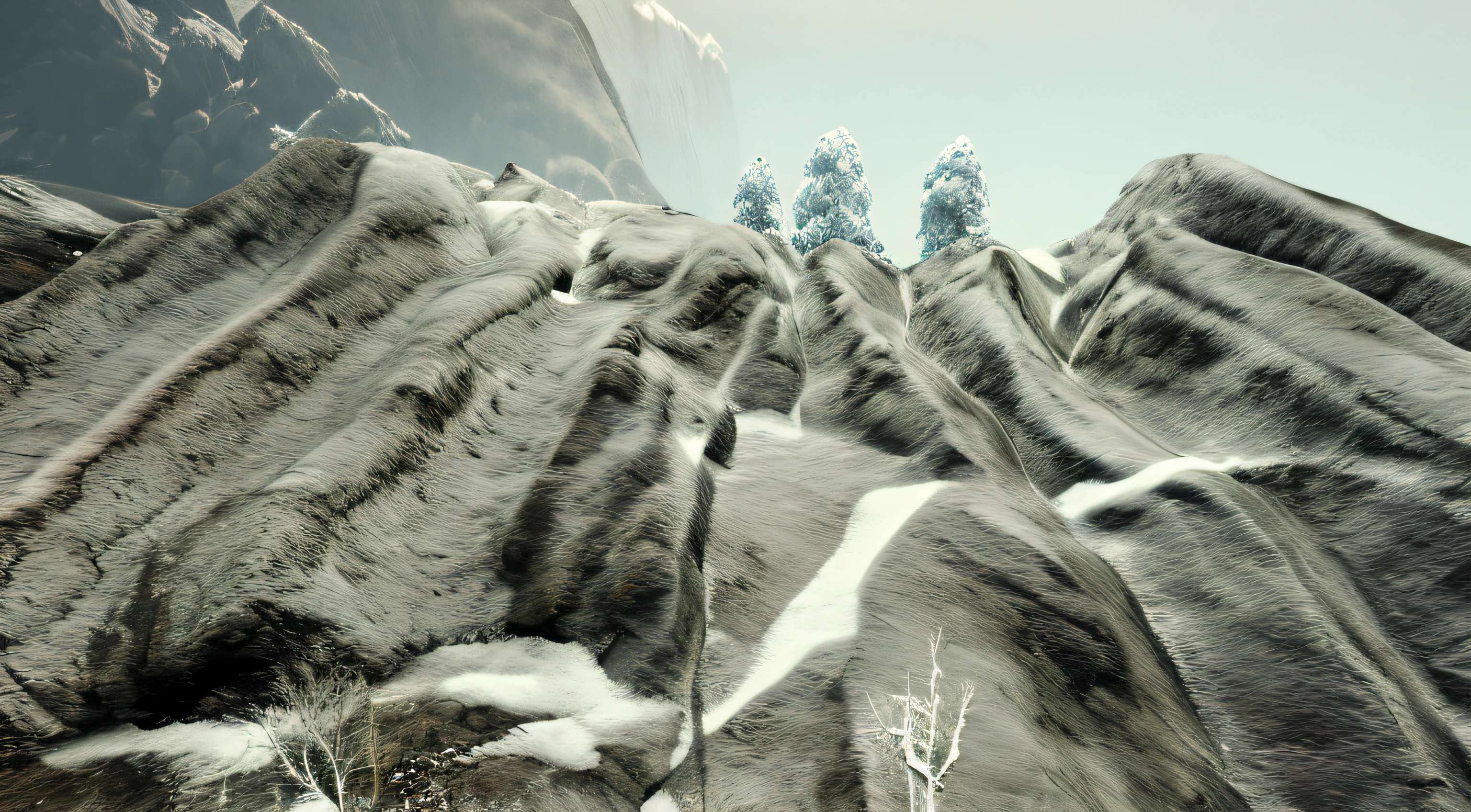 There is a very high mountain,The rock walls are high, destroyed mountains, snow wasteland, cliffside, snow cave, icy road on a planet of lava, rocky environment, rocky cliff, Snowy plains, pc screenshot, Deep views of Mandesia, detailed trees and cliffs, sharp cliffs, highly detailed terrain, icey tundra background, beautiful screenshot, white rocks made of bone