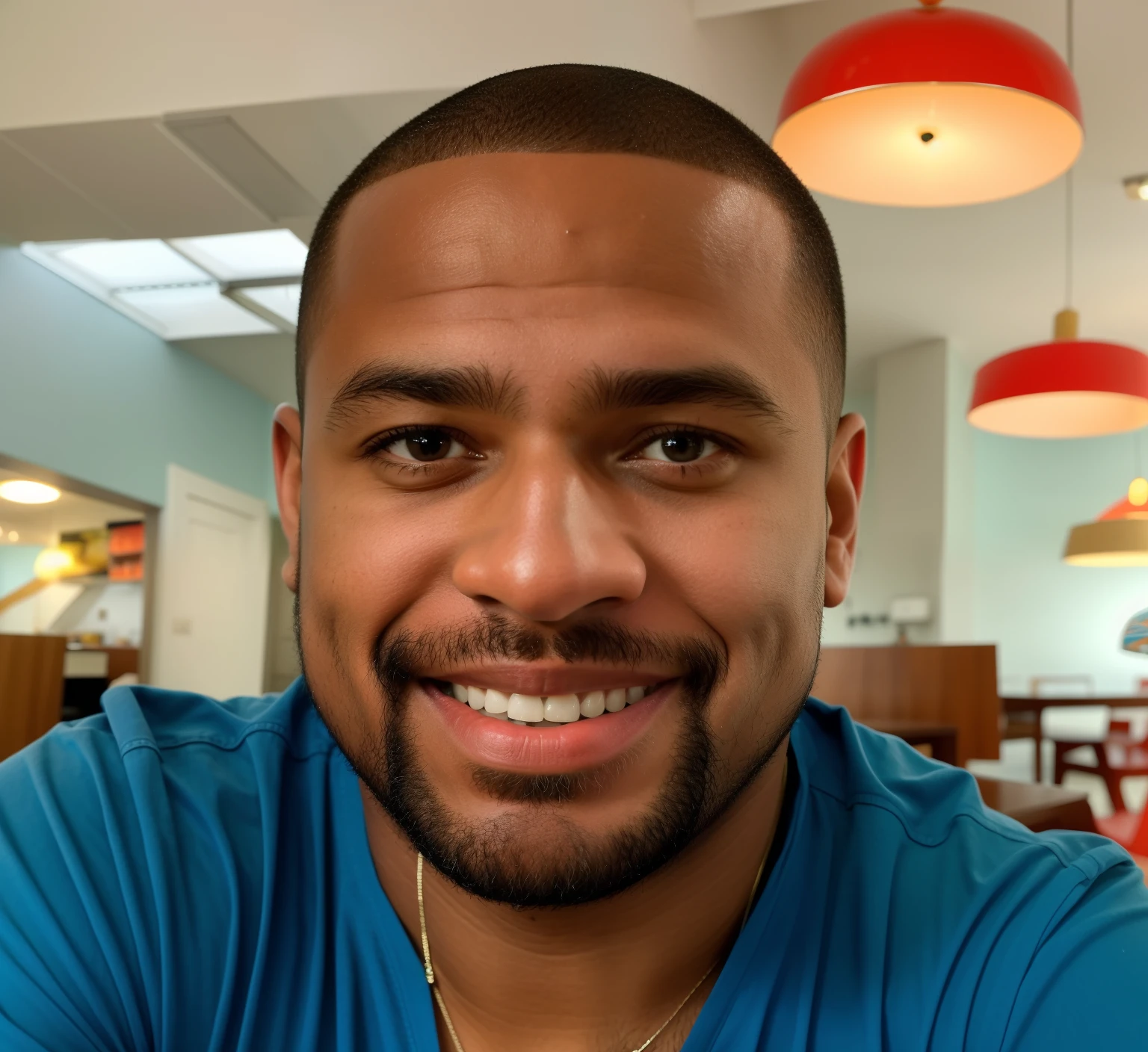Homem sorridente em camisa azul em um restaurante com luzes vermelhas, Alphonse Musha, David Uzochukwu, Jorge Pemba, alphonse muca, Cedric Payravernay, foto de perfil headshot, andy worhol, Barry Qindsor-Smith, taken in the late 2010s, Gary Houston, Filipe Coles, Kelley Alton cabelo liso comprido