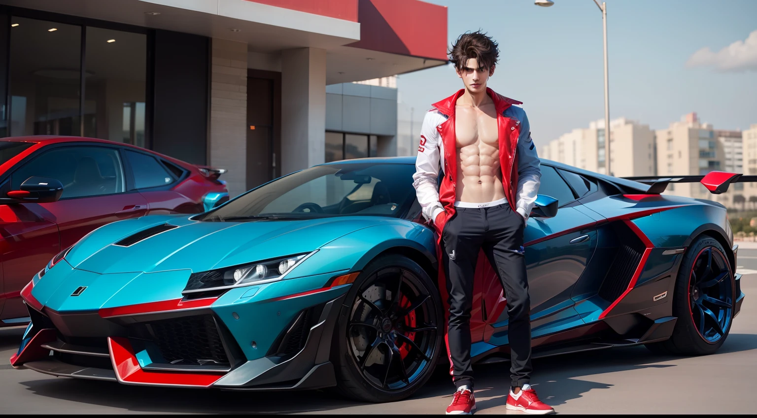 Red and blue colour lamborguini car,five star hotel in background,part of swiming pool in right to the car with a young man with short spiky hair without shirt with girl have long hair outside of car