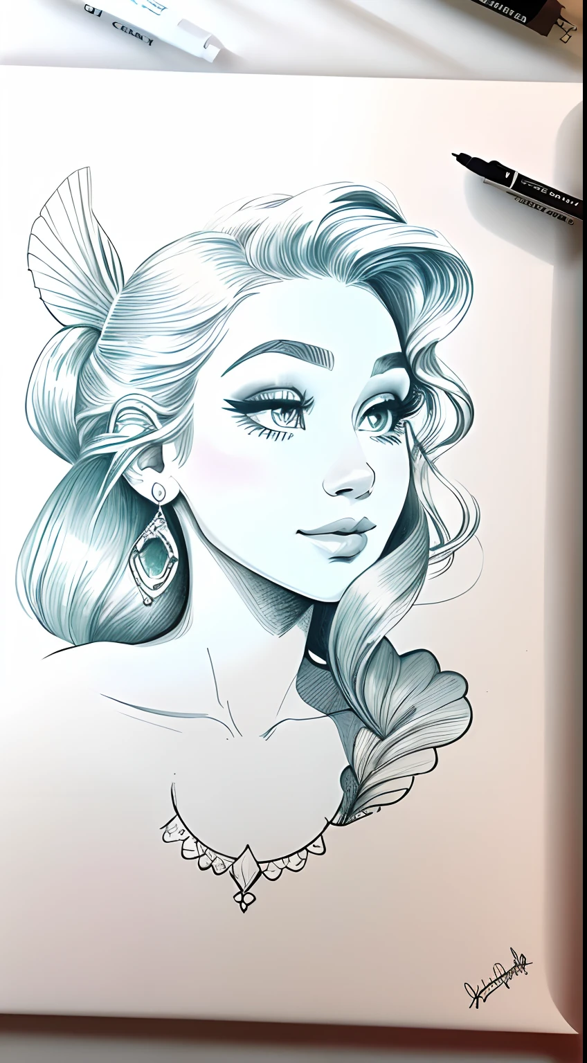 Drawing of a mermaid with a fish tail and a fish tail, mermaid, inked drawing, Mermaid body, A mermaid in the sea, Beautiful Mermaid, Dessin simple, detailded, Style de dessin traditionnel, Portrait of the Mermaid, Little Mermaid
