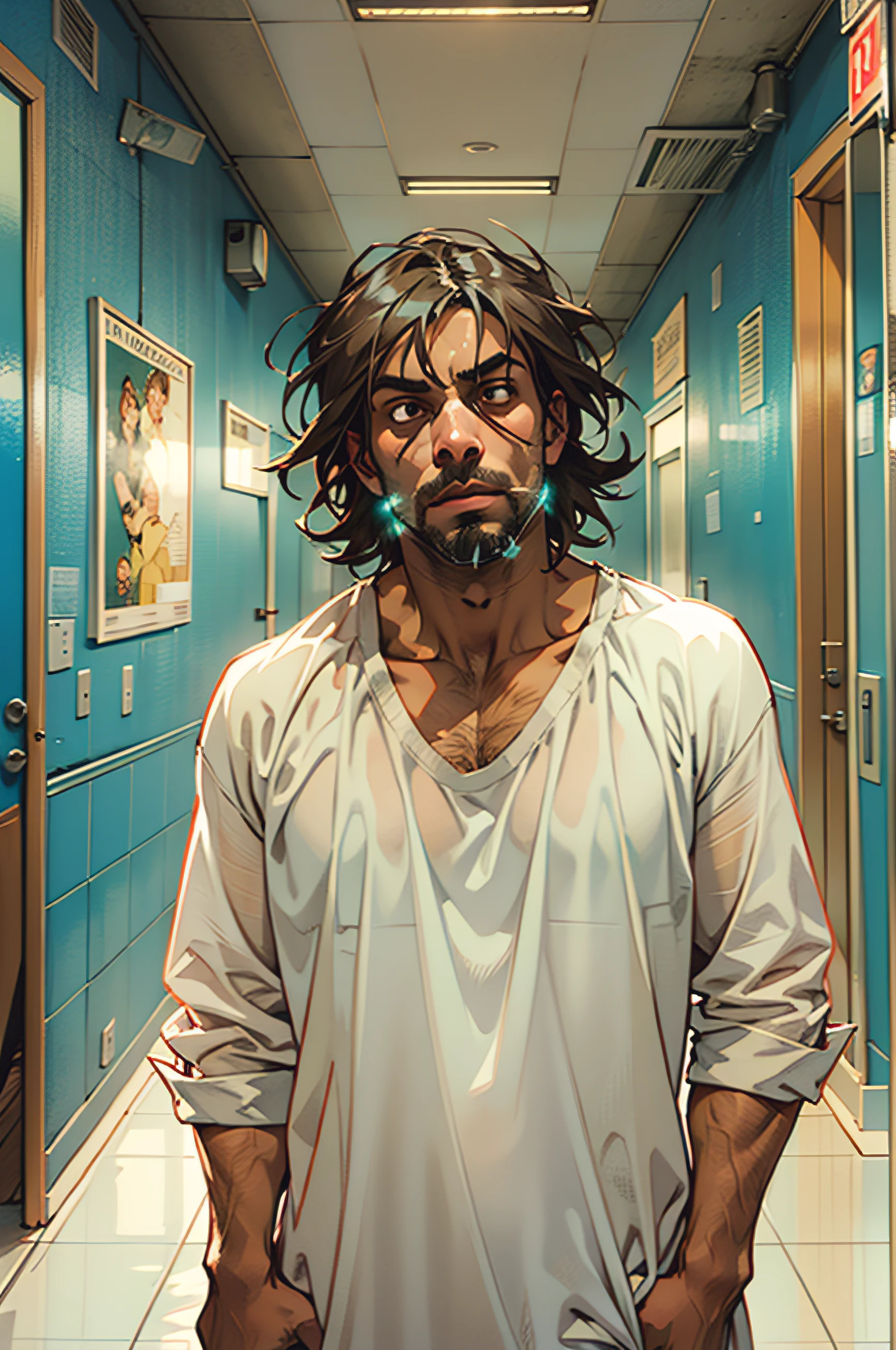 Um homem com barba rala, por fazer, fora de forma, in robes characteristic of a psychiatric hospital patient, White T-shirt without prints and blue cotton long pants, facial expression of absolute terror and panic. Olhando diretamehnte para frente. The man is in a hospital corridor with some lights burned and others on. The atmosphere is horror movie. O homem deve passar um ar de medo e incredulidade, como se estivesse frente a frente com algo sobrenatural, como um fantasma aterrorizante. facial expression of fear, psychotic gaze. As cores devem ser vibrantes e contrastantes, como os de Alphonse Mucha. Os detalhes devem ser delicados e complexos, como o de Mucha;. The strokes should be thick and almost erased, como estampas de arte de rua. The lines that delimit the shapes should privilege coarser and straighter angles.
