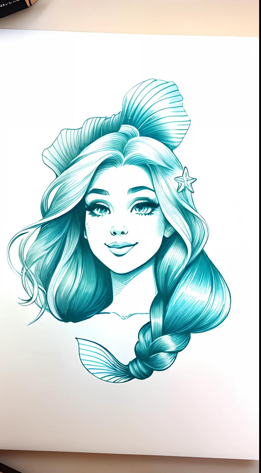 Drawing of a mermaid with a fish tail and a fish tail, mermaid, inked drawing, Mermaid body, A mermaid in the sea, Beautiful Mermaid, Dessin simple, detailded, Style de dessin traditionnel, Portrait of the Mermaid, Little Mermaid