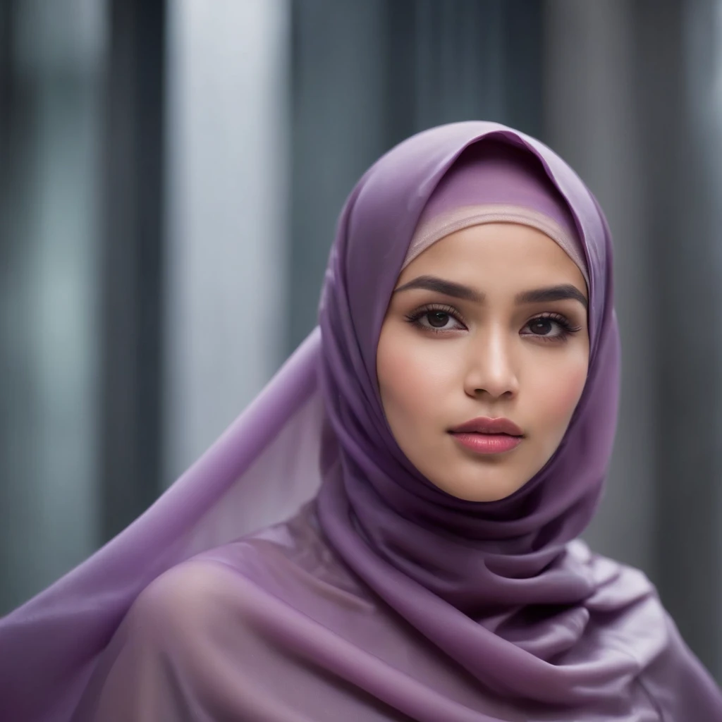 Fashion photography, Malay woman wear hijab, Futuristic, Ethereal, full lips, Detailed, transparent purple plastic rain coat --ar 2:3 --v 5.2
