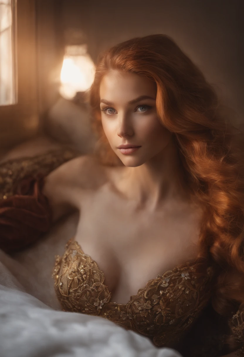 Plakat, Text, Deckel, ((Plakat-Cover)), ((Magazin-Cover)), Meisterwerk, Superlativ, dyed hair, Magazin-Cover, upper body, Rapunzel, topless, Bett, Exponierte Schultern, Haarnadeln, full entire body, auf dem Bett sitzen, ((Pony Kamm auf der rechten Seite))), Fenster, Sonnenlicht, (Symmetrische Augen) Magazin-Cover, upper body
