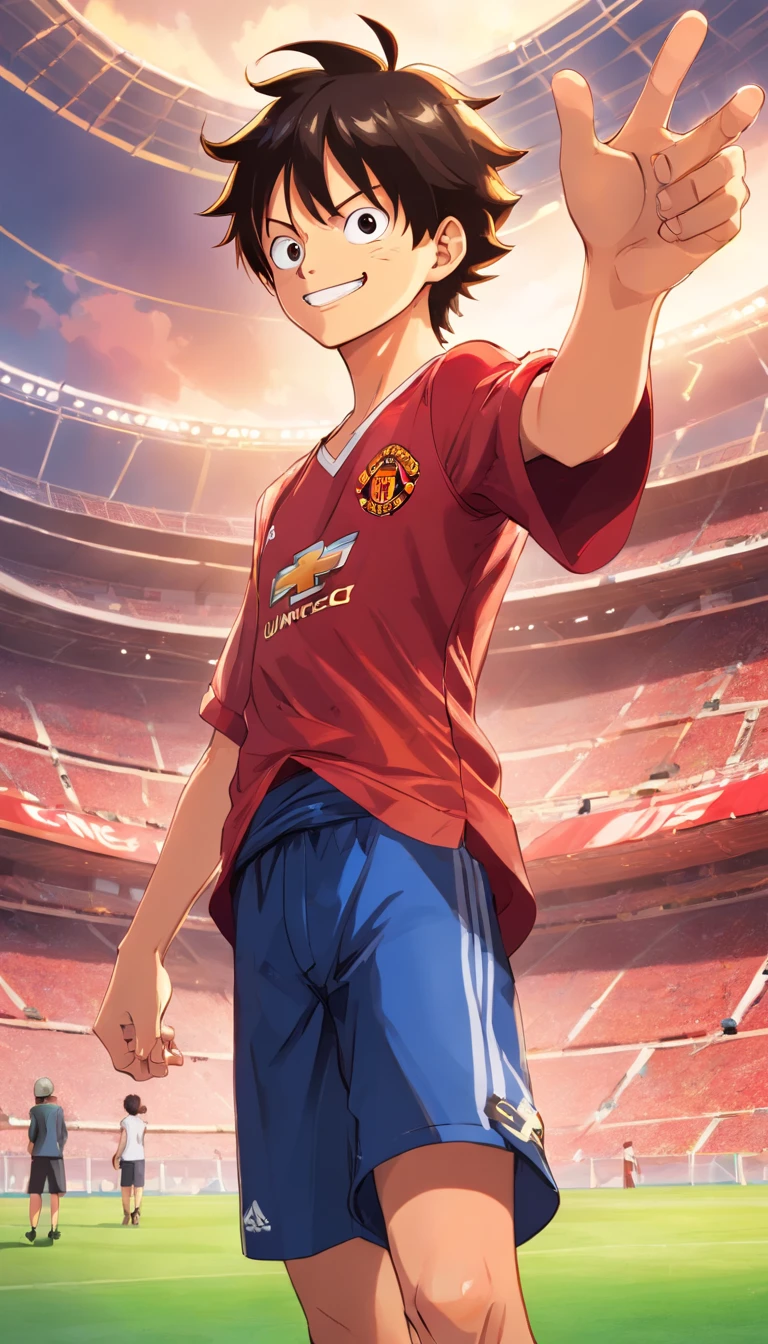 "luffy from One Piece wearing a Manchester United outfit, standing in a stadium, facing the camera, with one hand raised and a smile."