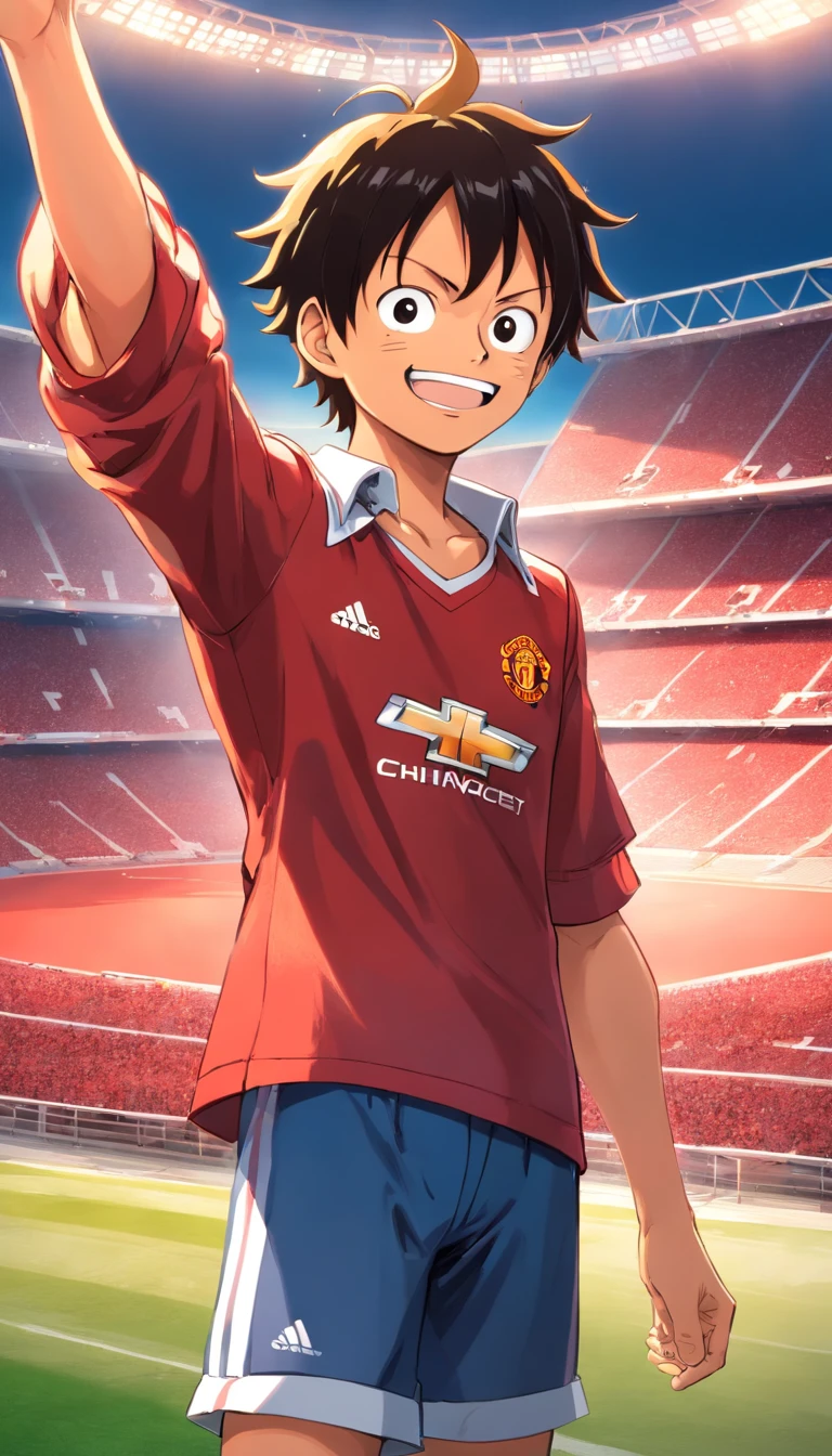 "luffy from One Piece wearing a Manchester United outfit, standing in a stadium, facing the camera, with one hand raised and a smile."