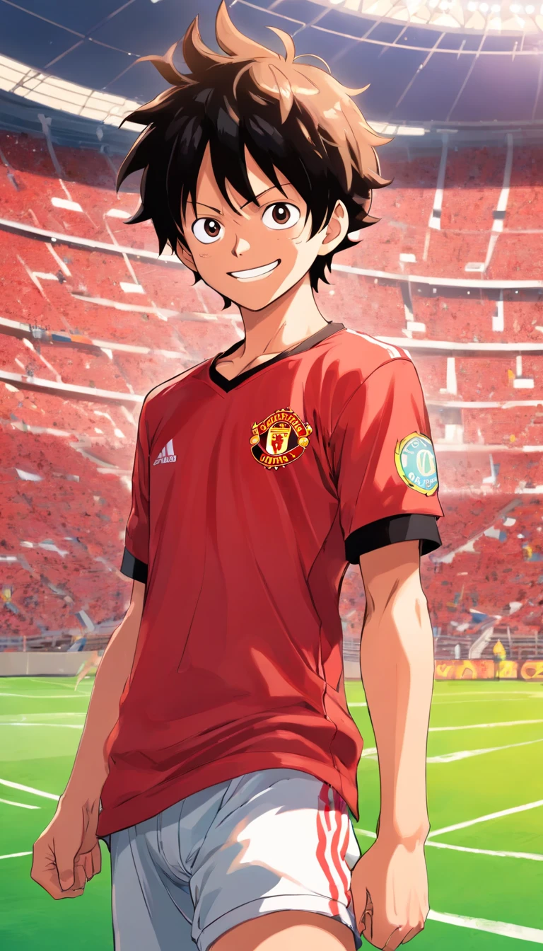 "luffy from One Piece wearing a Manchester United outfit, standing in a stadium, facing the camera, with one hand raised and a smile."