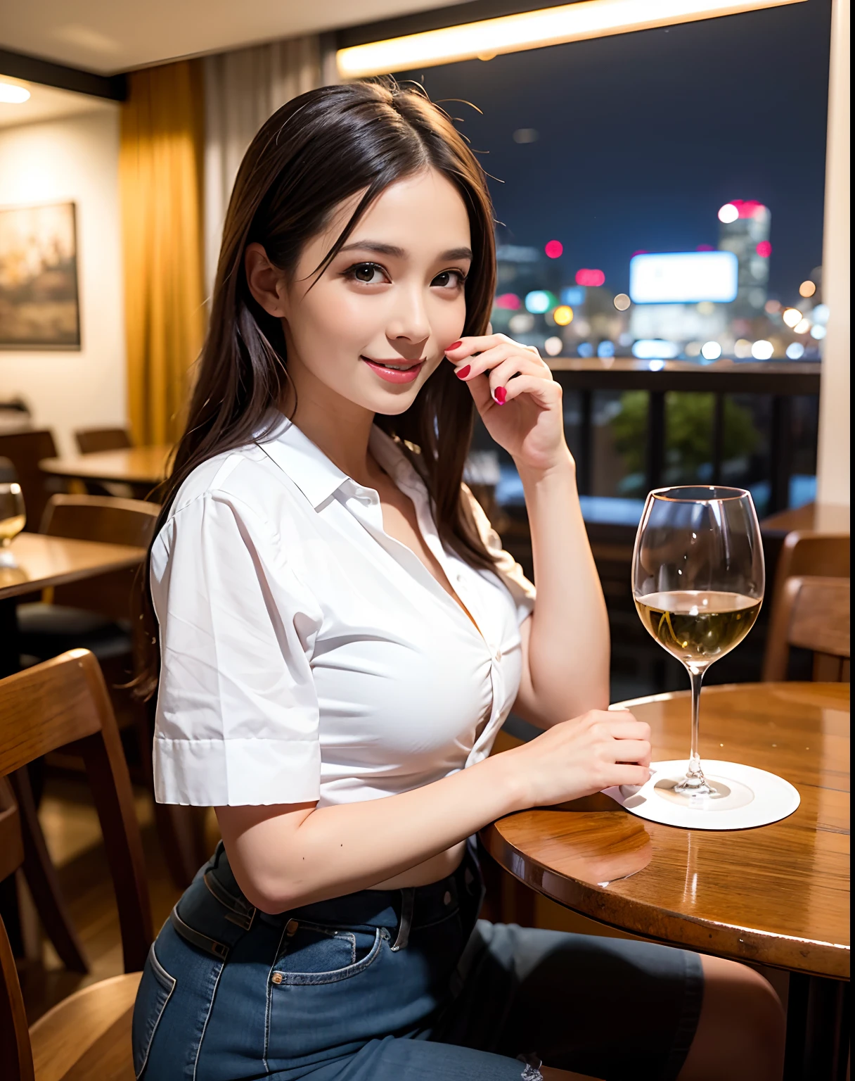 (64K, UHD, top quality, masterpiece: 1.2), (realistic, photorealistic: 1.37), super detailed, pretty woman 1 person, (slim face), (slim body), (brown hair), (short cut), cheeks slightly blushing, (44 years old), 38 years old, solo, beautiful detailed urban night view outside the window, restaurant, wine glasses sit, at night, in a prominent placeNovaFrogStyle, Actress, Model, Waist Up, White Wine, Slim, Wine Glass, Super Clean Night View, Wine Glass Put in the Middle, Happy Smile, (Smile: 1.15), Beautiful Fine Eyes, Upper Body, Bust Japan Up, Night, Short, Short, Actress, Model, Waist Up, White Wine, Slim, Wine Glass, Super Clean Night View, Wine Glass Put in the Middle, Happy Smile,