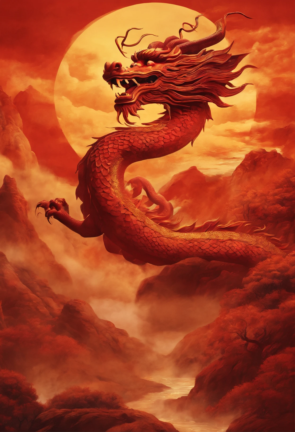 landscape painting,Red toned background,A huge Chinese dragon golden in the air