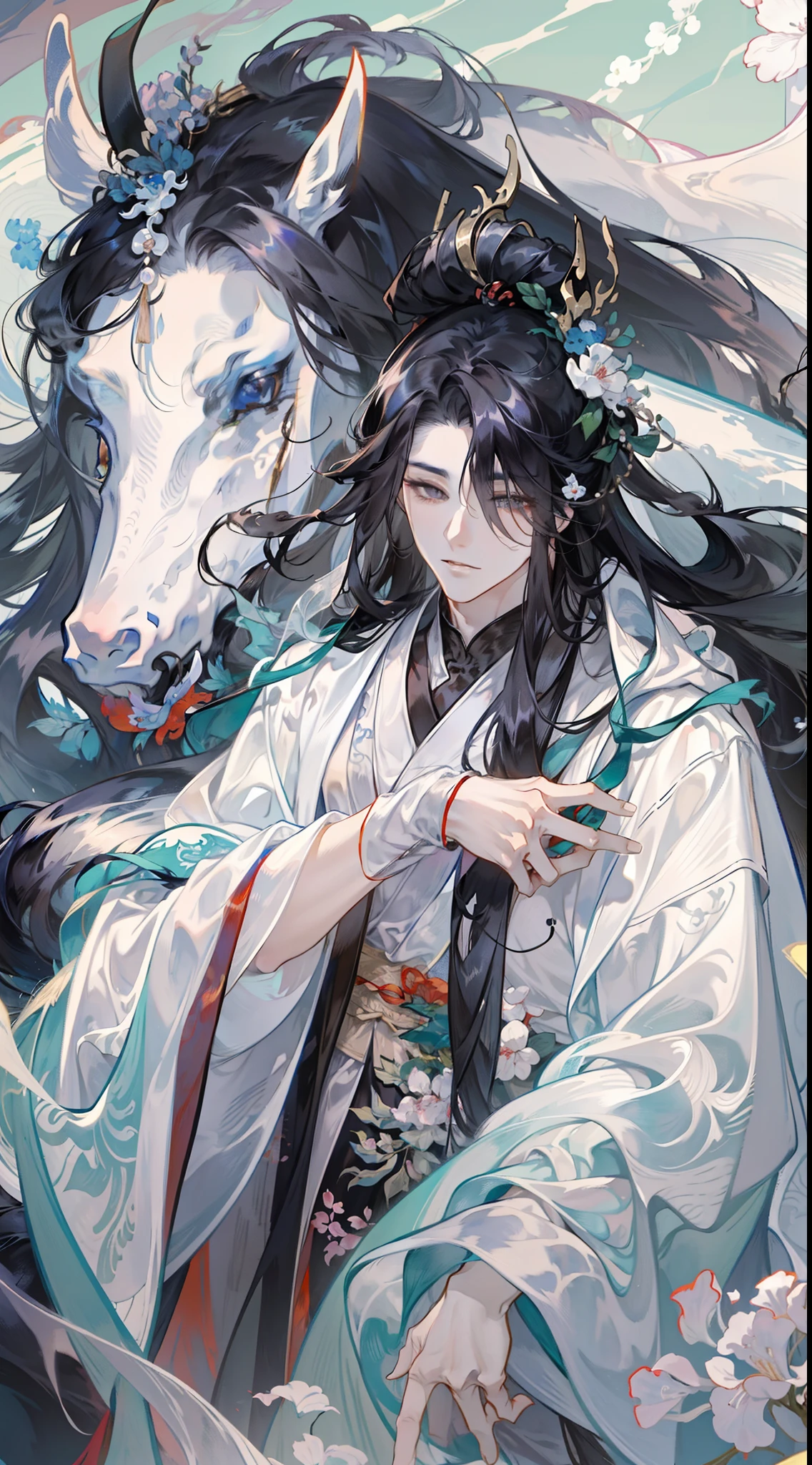 Anime characters with black hair and white horses, flowing hair and long robes, heise jinyao, beautiful male god of death, handsome guy in demon killer art, onmyoji portrait, Inspired by Seki Dosheng, by Yang J, zhao yun, Beautiful androgynous prince, Inspired by Bian Shoumin, Flowing white robe