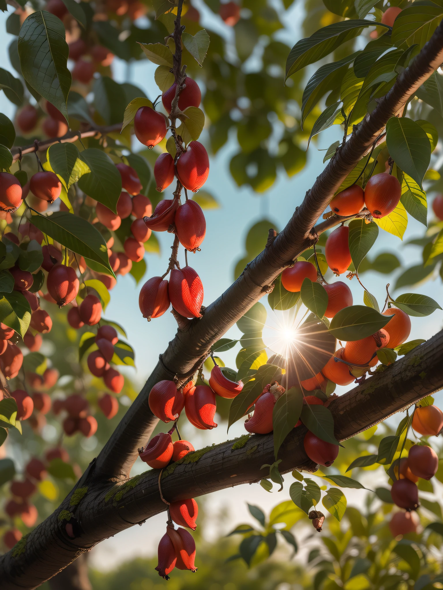 The backlit environment looks at the red cashew fruit growing on the tree，Sunlight shines through the gaps in the leaves，tmasterpiece，Advertising photography effects, Real details, 8K