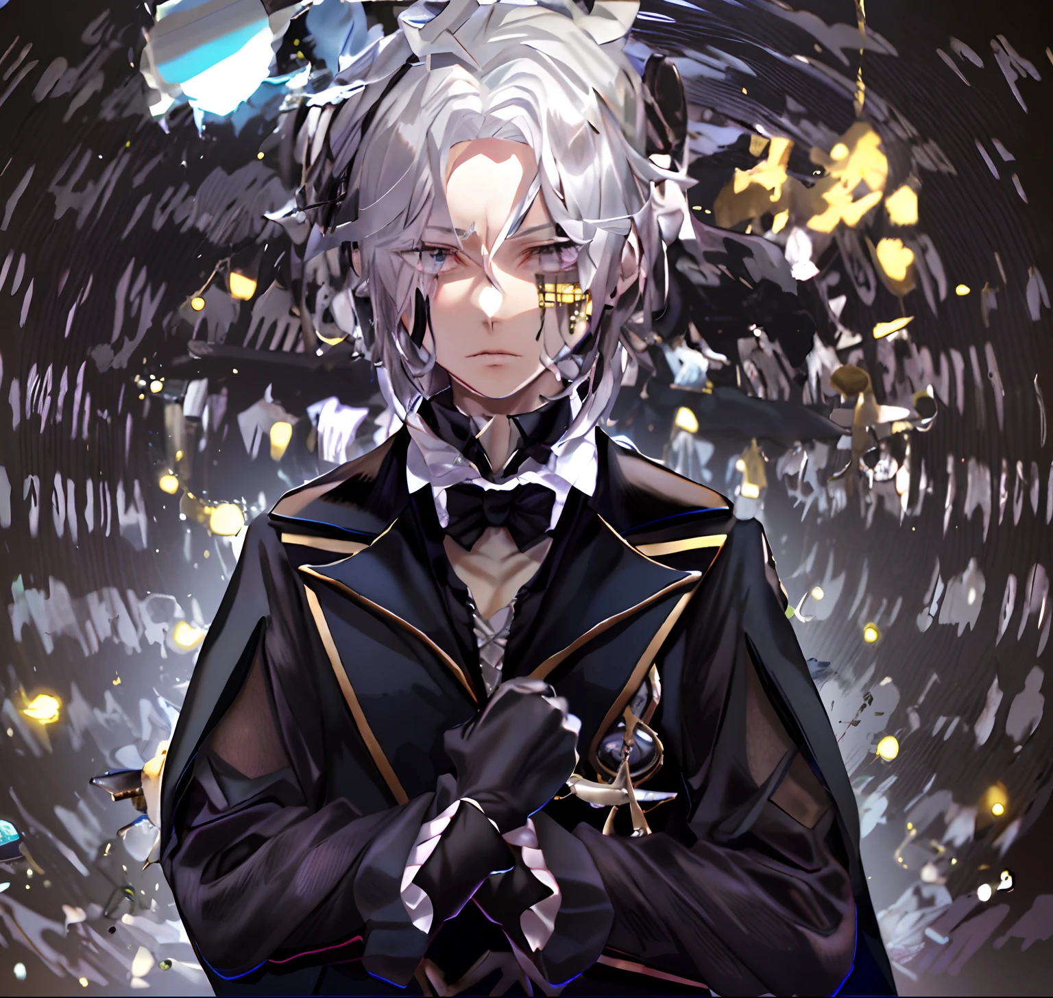 Close-up of a man in a suit and a cat, ((wearing aristocrat robe)), Single character full body, gilded black uniform, inspirado em Okumura Masanobu, JK school uniform, dapper dream demon, wearing a black noble suit, full body single character, silver eyes full body, full body with costume, anime vtuber full body model
