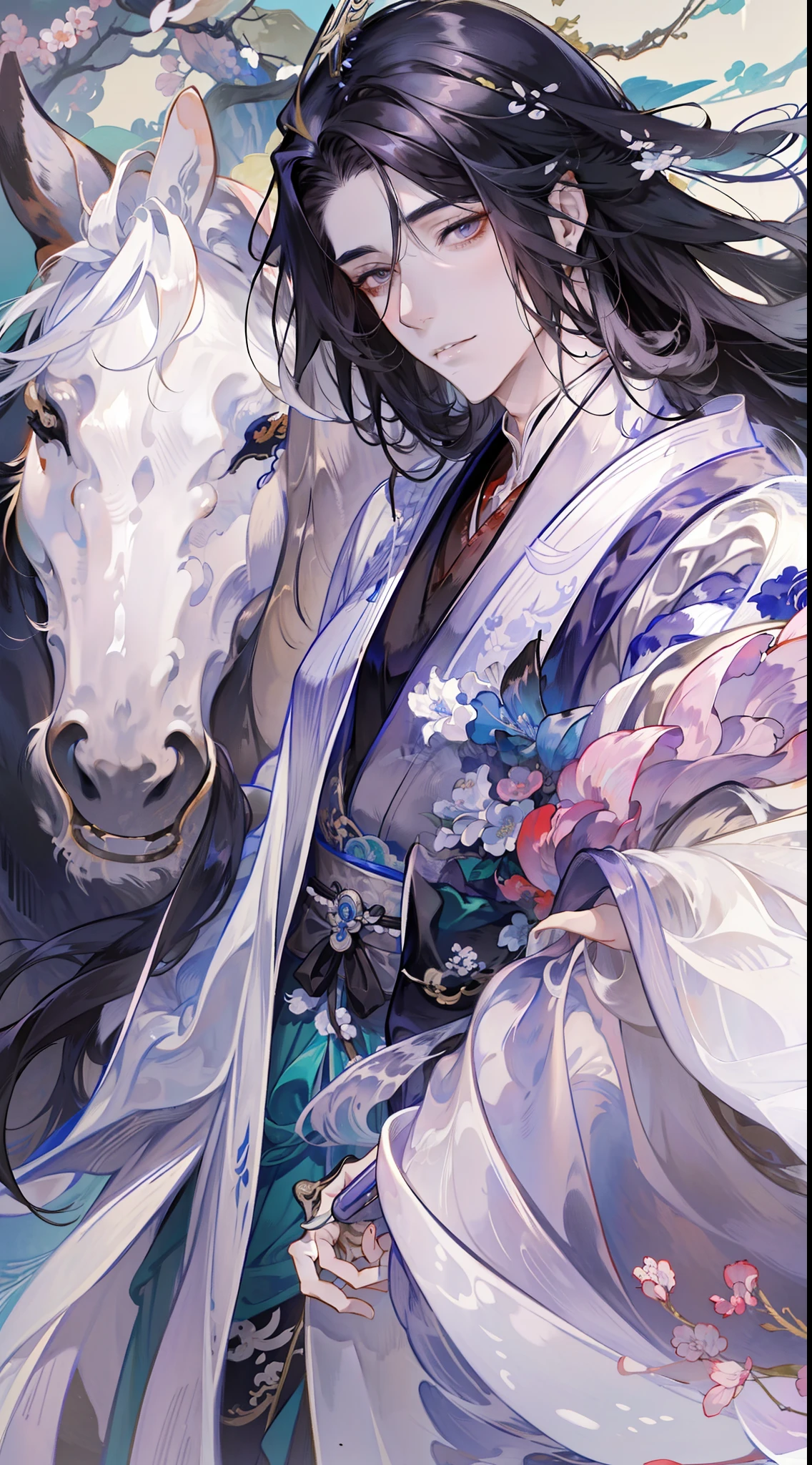 Anime characters with black hair and white horses, flowing hair and long robes, heise jinyao, beautiful male god of death, handsome guy in demon killer art, onmyoji portrait, Inspired by Seki Dosheng, by Yang J, zhao yun, Beautiful androgynous prince, Inspired by Bian Shoumin, Flowing white robe