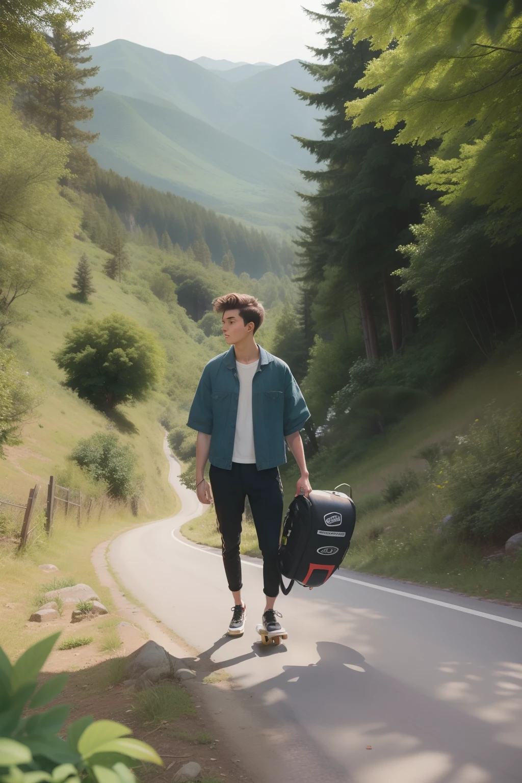 Date: 1996
Description:
Blend the Pre-Raphaelite fascination with nature and a man in his twenties, clad in '90s alternative fashion, energetically longboarding down a winding mountain road, surrounded by lush, untouched wilderness.