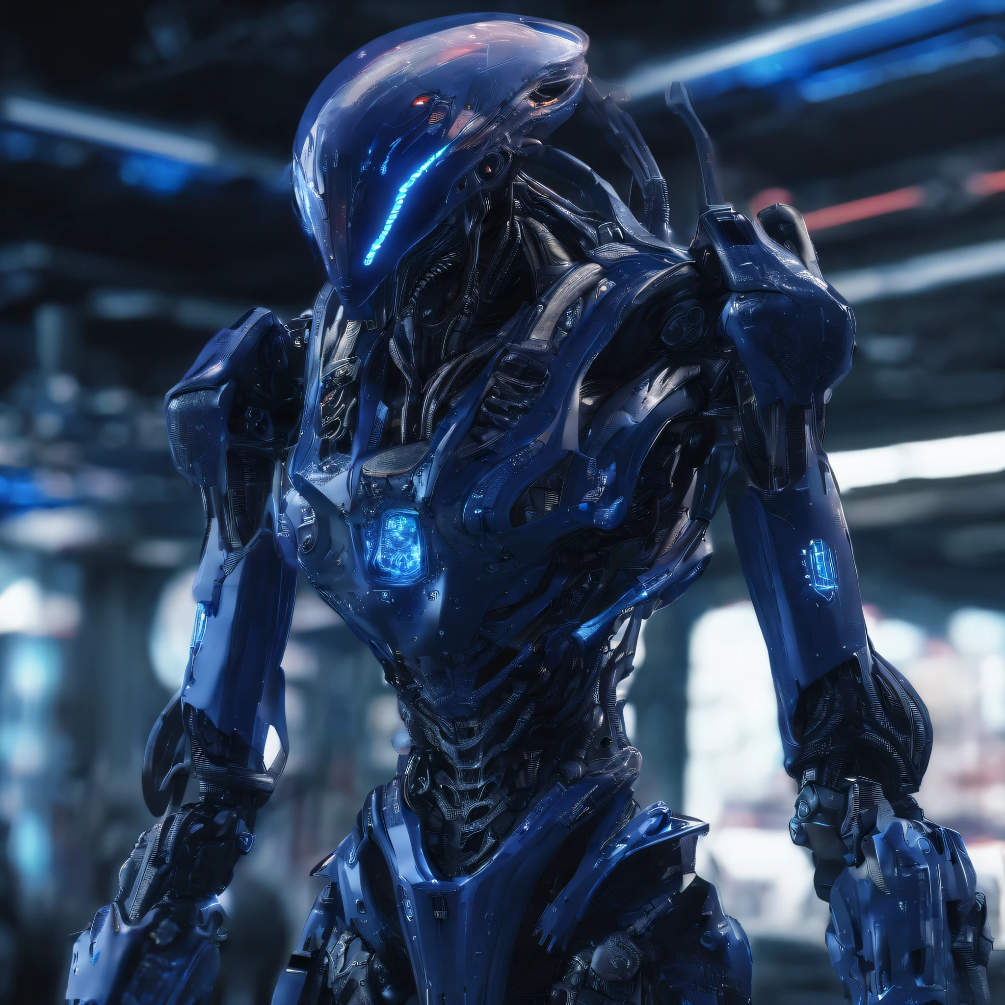 An alien，full bodyesbian，Humanoid，mechs，(Wearing a dark blue zirconia ceramic surface mech:1.5)，(((Hard surface properties)))，(((streamlined line design)))，It has refined features in a sci-fi environment,with light glowing, Sparks and lights, best qualtiy，tmasterpiece，Photorealsitic, Highly detailed, iintricate，unreal 5 render，