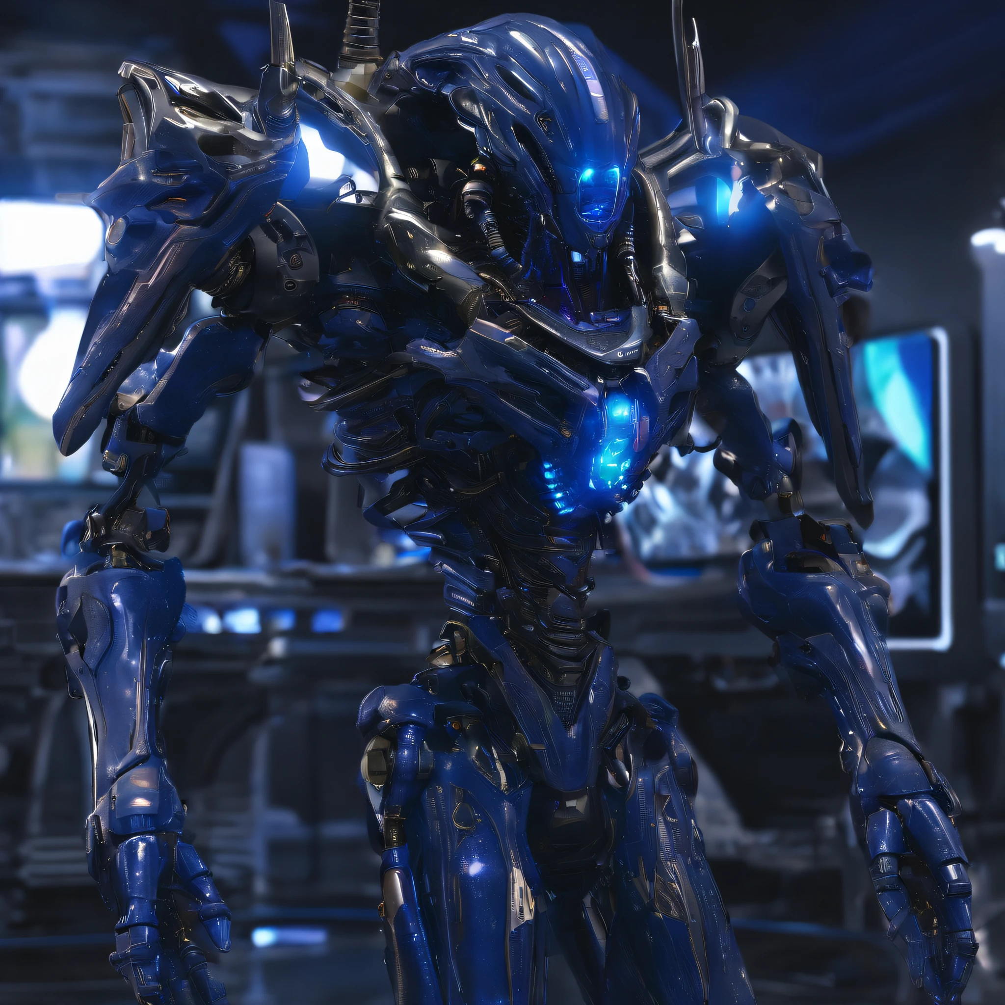 An alien，full bodyesbian，Humanoid，mechs，(Wearing a dark blue zirconia ceramic surface mech:1.5)，(((Hard surface properties)))，(((streamlined line design)))，It has refined features in a sci-fi environment,with light glowing, Sparks and lights, best qualtiy，tmasterpiece，Photorealsitic, Highly detailed, iintricate，unreal 5 render，