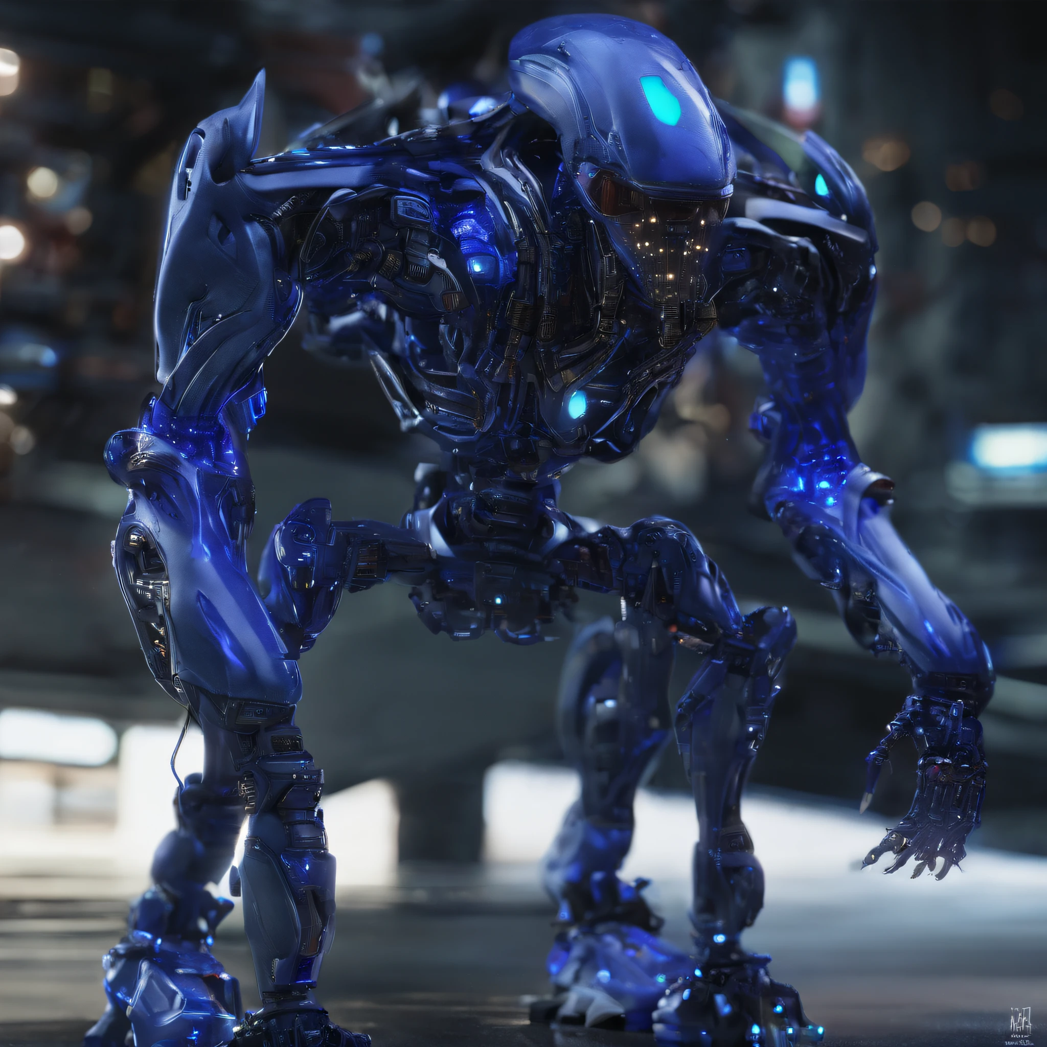 An alien，full bodyesbian，Humanoid，mechs，(Wearing a dark blue zirconia ceramic surface mech:1.5)，(((Hard surface properties)))，(((streamlined line design)))，It has refined features in a sci-fi environment,with light glowing, Sparks and lights, best qualtiy，tmasterpiece，Photorealsitic, Highly detailed, iintricate，unreal 5 render，