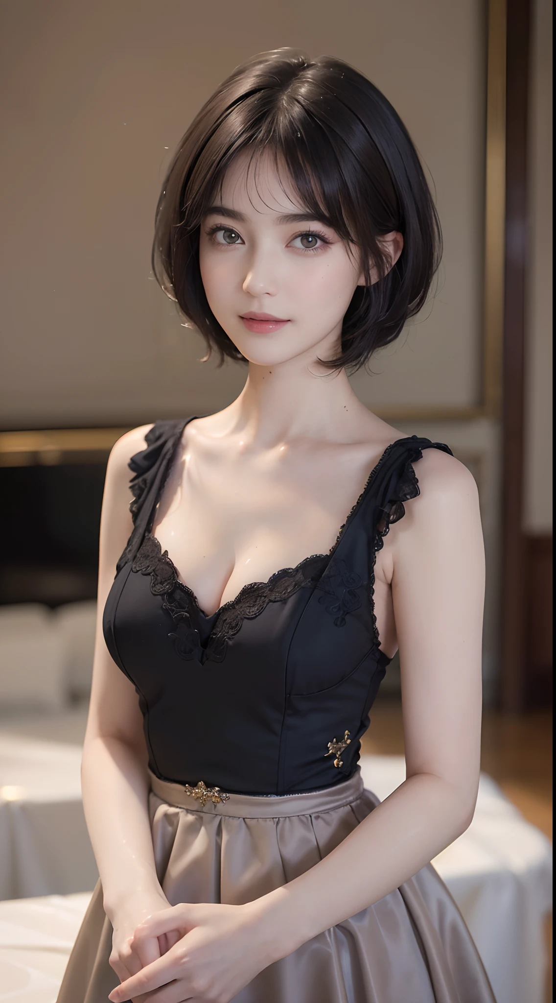 (Masterpiece:1.3), (8K picture quality), Photorealsitic, Raw photo, (Best Quality: 1.4), (1womanl), Pretty Face, (Realistic face), (A dark-haired, Short hair:1.3), Beautiful hairstyle, ((Breast-breast)), Ultra-detailed resolution, the golden ratio, , depth of fields, Filming a movie, A slight smil, soap bubbles