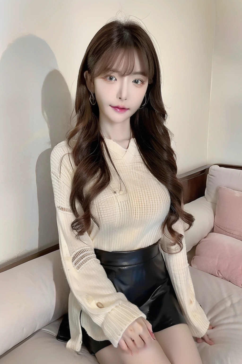 1 girl, masterpiece, 8k, high resolution, asian, korean girl, casual outfit, black top, cream skirt, sitting, looking at viewer, early twenty, medium long hair, brown hair, detailed skin, perfect eyes, beautiful, full body.