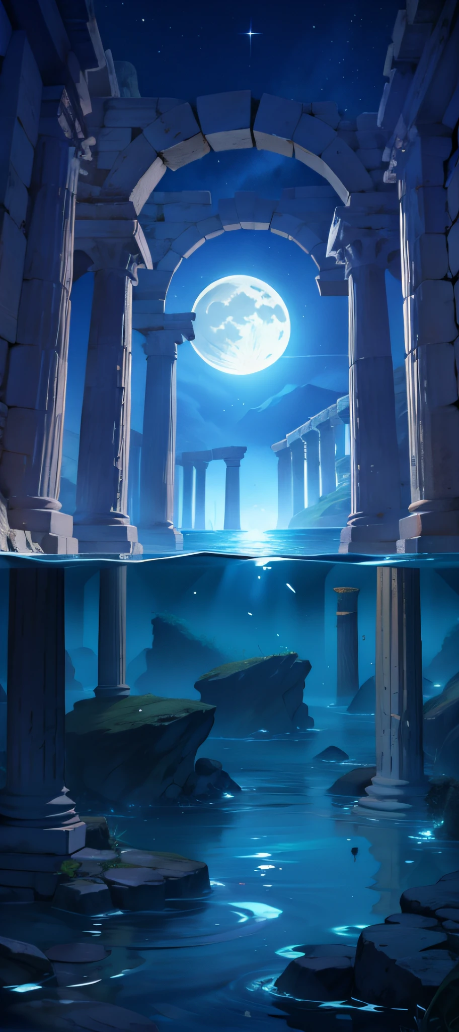 Greek mythological scenes，Roman columns，crock，，Broken ground，submerged in the water，the night，themoon，There is starlight，