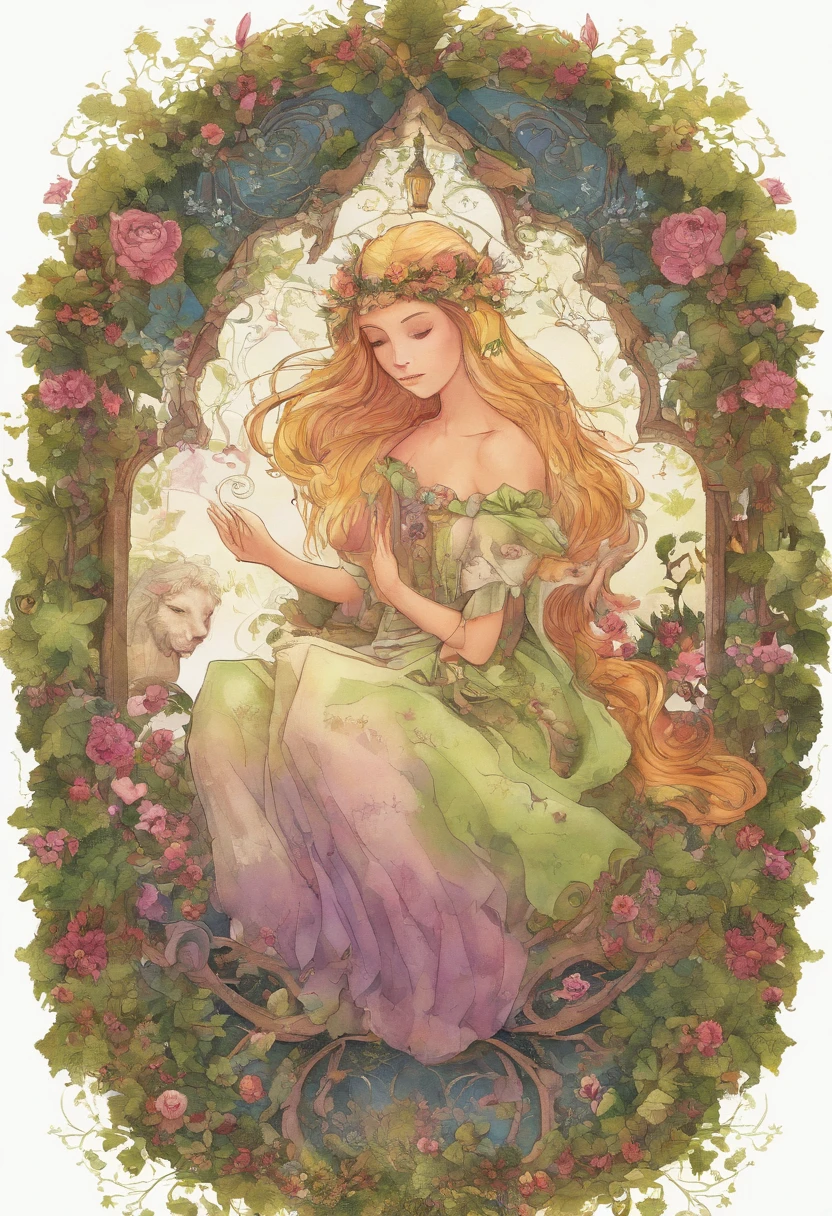 Plakat, Text, Deckel, ((Plakat-Cover)), ((Magazin-Cover)), Meisterwerk, Superlativ, dyed hair, Magazin-Cover, upper body, Rapunzel, ???????, Bett, Exponierte Schultern, Haarnadeln, full entire body, auf dem Bett sitzen, ((Pony Kamm auf der rechten Seite))), Fenster, Sonnenlicht, (Symmetrische Augen) Magazin-Cover, upper body
