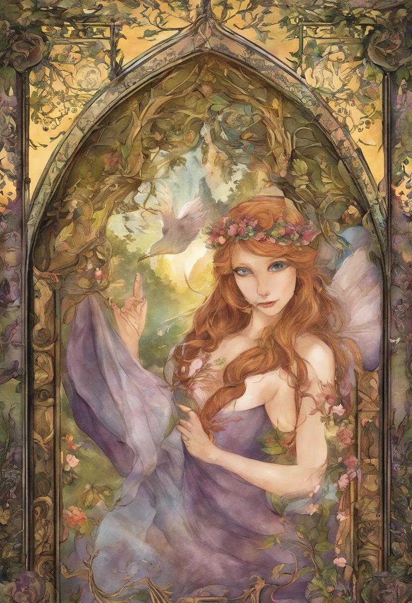 Plakat, Text, Deckel, ((Plakat-Cover)), ((Magazin-Cover)), Meisterwerk, Superlativ, dyed hair, Magazin-Cover, upper body, Rapunzel, topless, Bett, Exponierte Schultern, Haarnadeln, full entire body, auf dem Bett sitzen, ((Pony Kamm auf der rechten Seite))), Fenster, Sonnenlicht, (Symmetrische Augen) Magazin-Cover, upper body