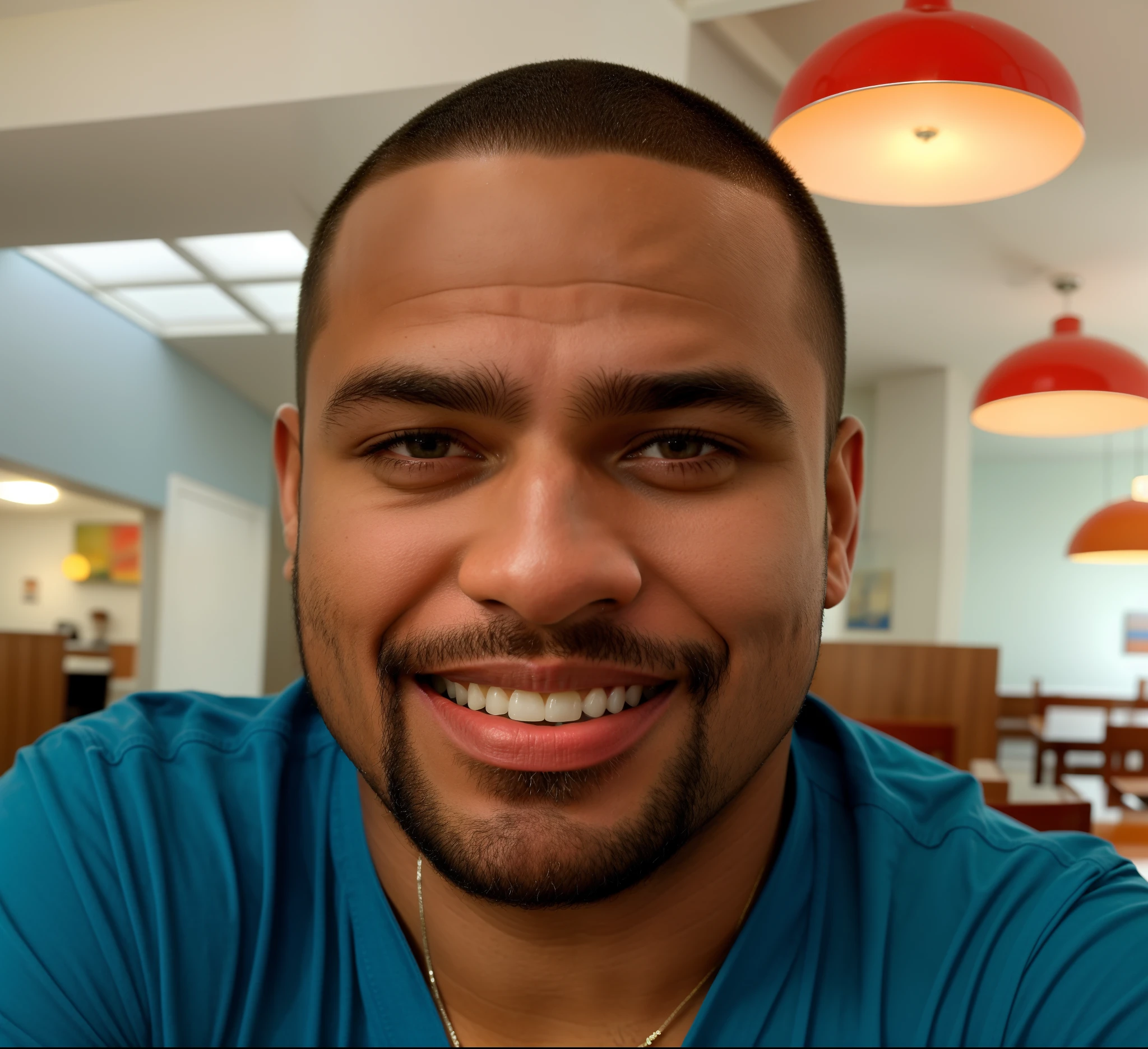Homem sorridente em camisa azul em um restaurante com luzes vermelhas, Alphonse Musha, David Uzochukwu, Jorge Pemba, alphonse muca, Cedric Payravernay, Foto de perfil do headshot, andy worhol, Barry Qindsor-Smith, taken in the late 2010s, Gary Houston, Filipe Coles, Kelley Alton cabelo liso compridos olhos azuis