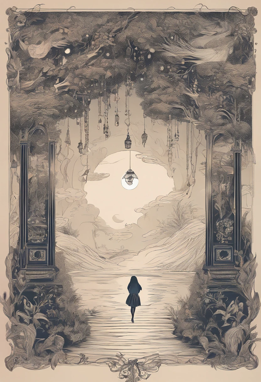 gloomy atmosphere, deeply forested, "Hut on chicken legs", literally, The old hut stands on two tall wooden pillars, An image from ancient Russian fairy tales stands on a dais and is illuminated by moonlight. An adult girl with long black hair goes to the hut. In the frame is a girl from the back. A gloomy atmosphere in the style of a modern illustration for the cover of a book.