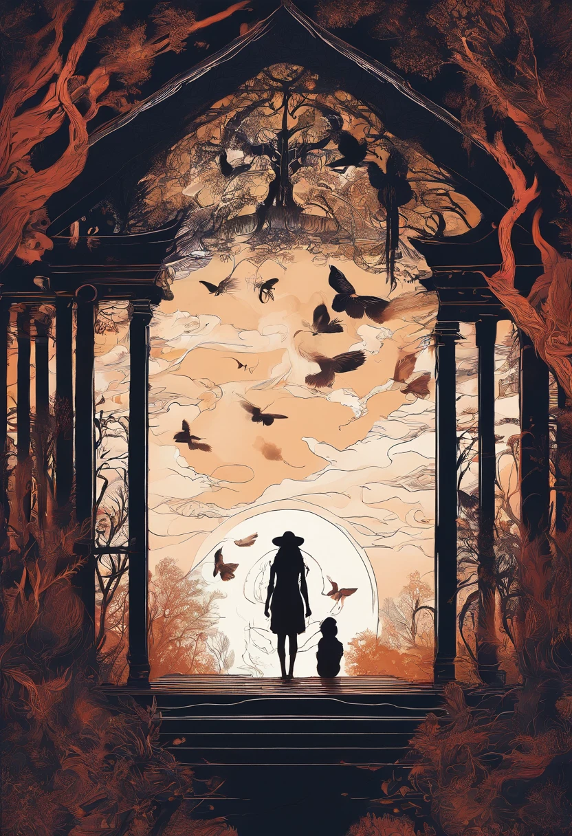 gloomy atmosphere, deeply forested, "Hut on chicken legs", literally, The old hut stands on two tall wooden pillars, An image from ancient Russian fairy tales stands on a dais and is illuminated by moonlight. An adult girl with long black hair goes to the hut. In the frame is a girl from the back. A gloomy atmosphere in the style of a modern illustration for the cover of a book.