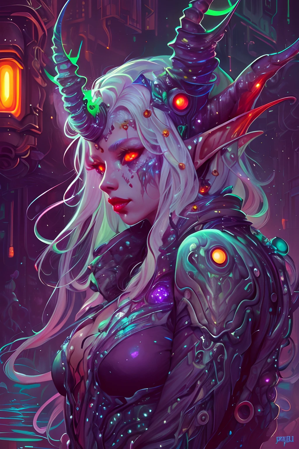 Amazing anatomy, (beautiful female Elf Biopunk), cowboy shot, biopunk city background, (slimy, organic, glistening, bioluminescence), (64k ultra hd:1.1), (art by apterus, art by dan mumford, art by lovecraft:1.2), best quality, cgsociety, trending on ArtStation, white hair, horns, demon wings, juicy lips, red eyes