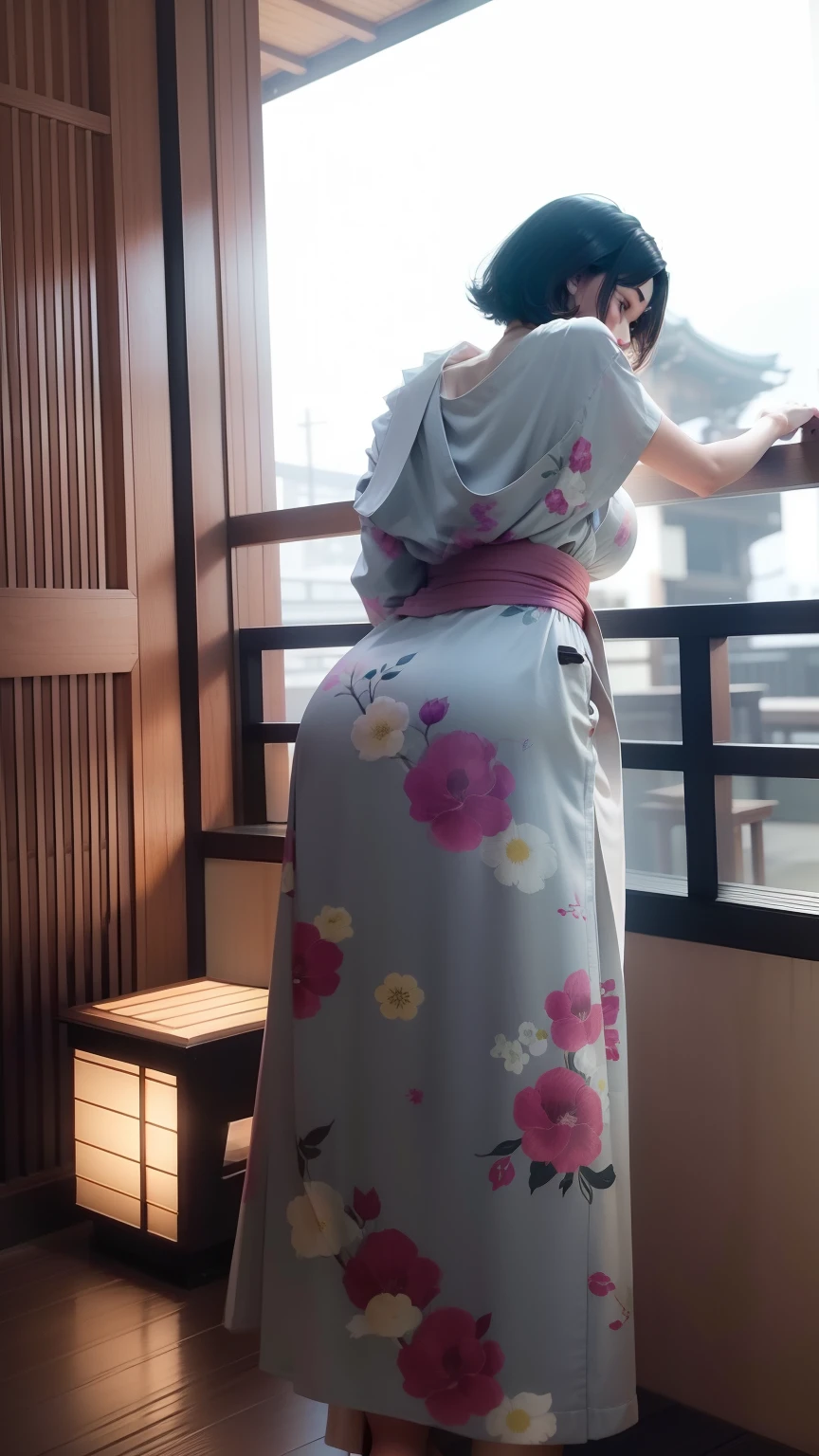 Hairstyle Short Bob、Hair color: Dark brown、160cm、age 30s、bathrobe、ryokan、Strengthened、Rear、sideways Facing、Look at the background、relax