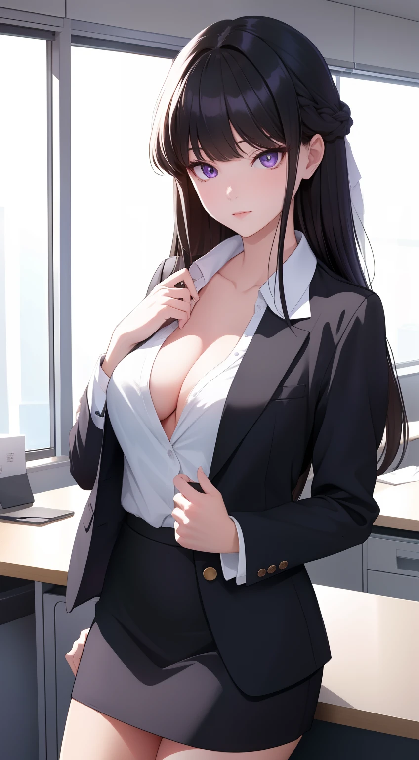 (Best Quality:1.1), (masutepiece:1.2), High quality shadows, Beautiful detailed, Beautiful face, Detailed eyes, depth of fields, hight resolution, Best Shadow, Best Illumination, 1girll, view the viewer, Black hair, Blunt bangs, Long hair, Purple eyes, Shy, Large breasts, Miniskirt, Blouse, Blazer, pump, Office Lady, cleavage、In the office、（The shirt is open、Bra is exposed、Purple bra:1.7）