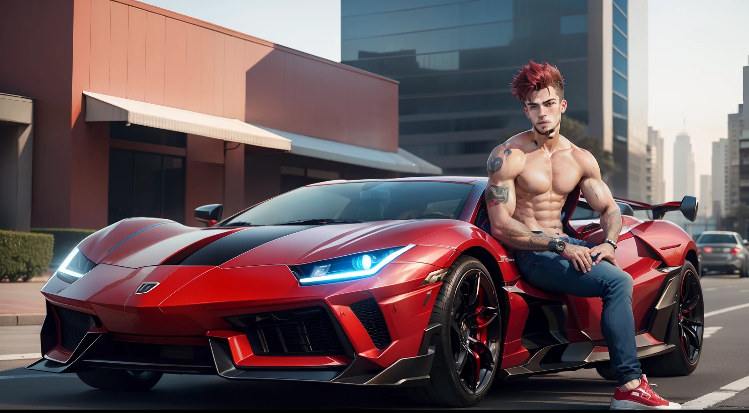 Red and blue colour lamborguini car,five star hotel in background,part of swiming pool in right to the car with a young man with short spiky hair without shirt flexing