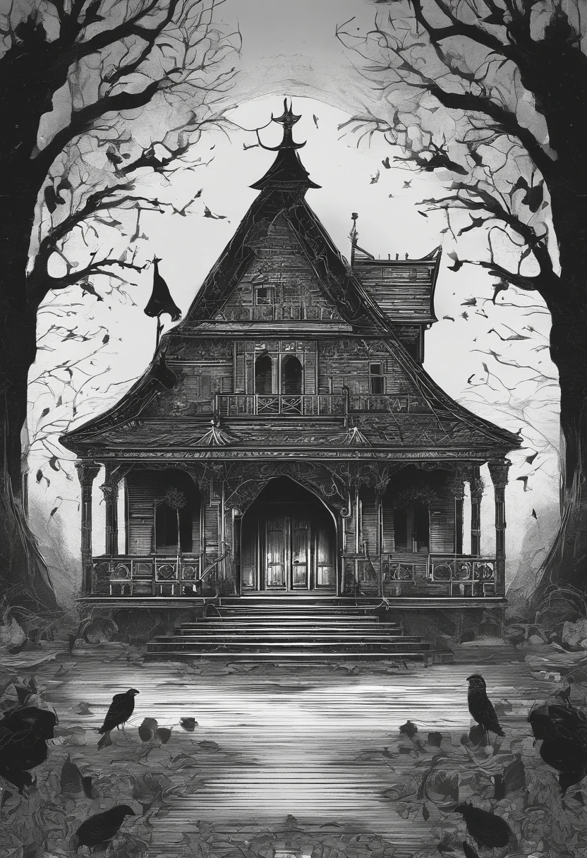 gloomy atmosphere, deeply forested, "Hut on chicken legs", literally, The old hut stands on two tall wooden pillars, An image from ancient Russian fairy tales stands on a dais and is illuminated by moonlight. An adult girl with long black hair goes to the hut. In the frame is a girl from the back. A gloomy atmosphere in the style of a modern illustration for the cover of a book.