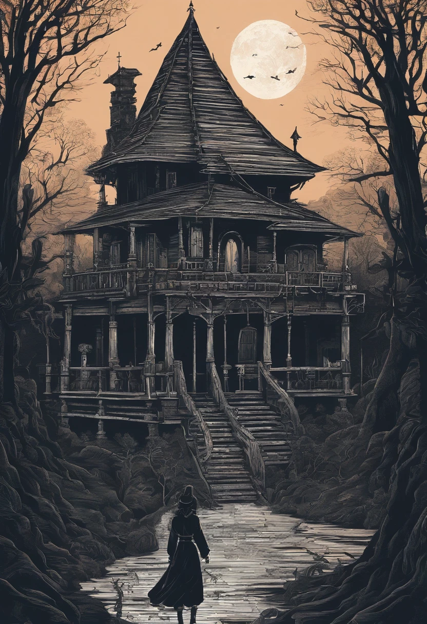 gloomy atmosphere, deeply forested, "Hut on chicken legs", literally, The old hut stands on two tall wooden pillars, An image from ancient Russian fairy tales stands on a dais and is illuminated by moonlight. An adult girl with long black hair goes to the hut. In the frame is a girl from the back. A gloomy atmosphere in the style of a modern illustration for the cover of a book.