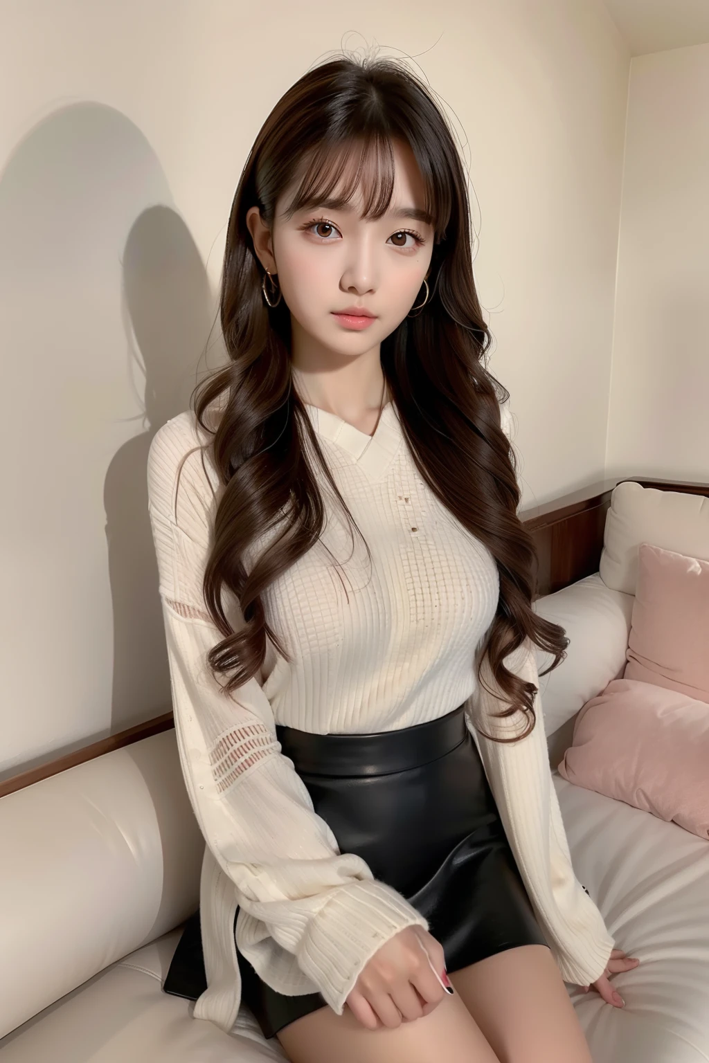 1 girl, masterpiece, 8k, high resolution, asian, korean girl, casual outfit, black top, cream skirt, sitting, looking at viewer, early twenty, medium long hair, brown hair, detailed skin, perfect eyes, beautiful, full body.