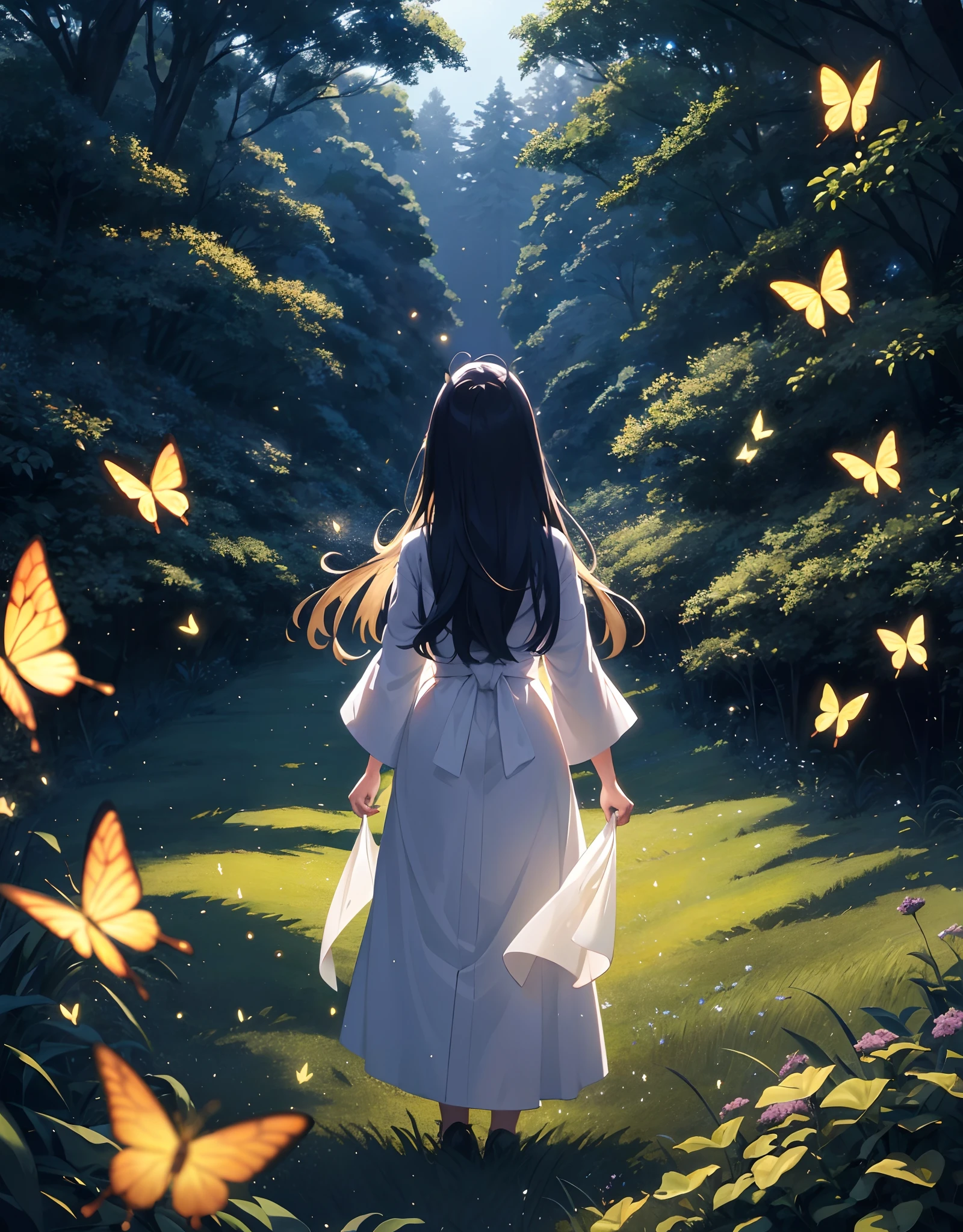 Landscape, Anime landscape field of glow flowers and  glow butterfies flying around in the standing back japanese girl with yukata, butterflies, many lots of glow butterflies, fireflies, many lots of fireflies, makoto shinkai, kimi no nawa meteor, anime art wallpaper 4k, Top quality masterpiece, deep focus, macro shot, fliying fireflies, lots lamp, falling leaf, falling leaf is a smooth glow light, glow, anime, object, girl (girl walking a long masterpiece) (long object), color combination masterpiece, glow light, dark morning, reflection, beautiful anime scene, japanese concept landscape art, volumetric lighting, bokeh, anime beautiful peace scene, many lots of fliying butterfly glow, pure lanscape, 4k beautiful anime, intricate, elegant, point of interest photography, perfect dark morning landscape anime (masterpiece, side glow lighting, finely detailed beautiful clear dark lanscape), long hair, lots of hair, ray of light, rule of third photography, point of interest photography, perfect landscape color tone, leaf, falling leaf, Fog, saturation glow light, solid sky, wonderful composition, depth of field masterpiece