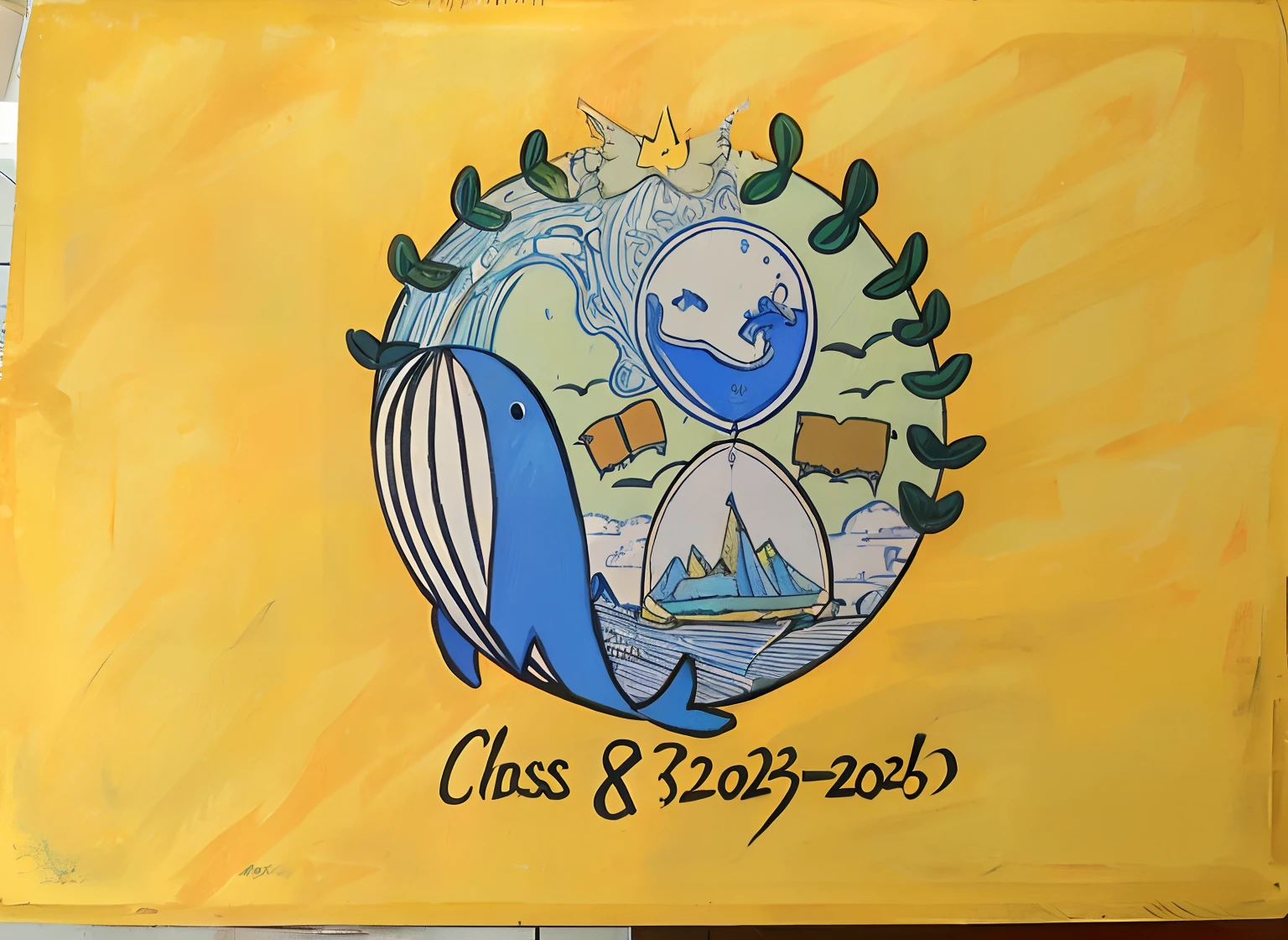 There is a painting,The painting shows a whale in the sea, Academic painting, added detail, award painting, classroom doodle, intermediate art, acrylic and spraypaint, traditional art, cartoon painting, 2021 award winning painting, 2 0 2 1 award winning painting, Classe escolar, 【 sciart 💙💜 mson, painted in acrylic, winning artwork, canvas painting