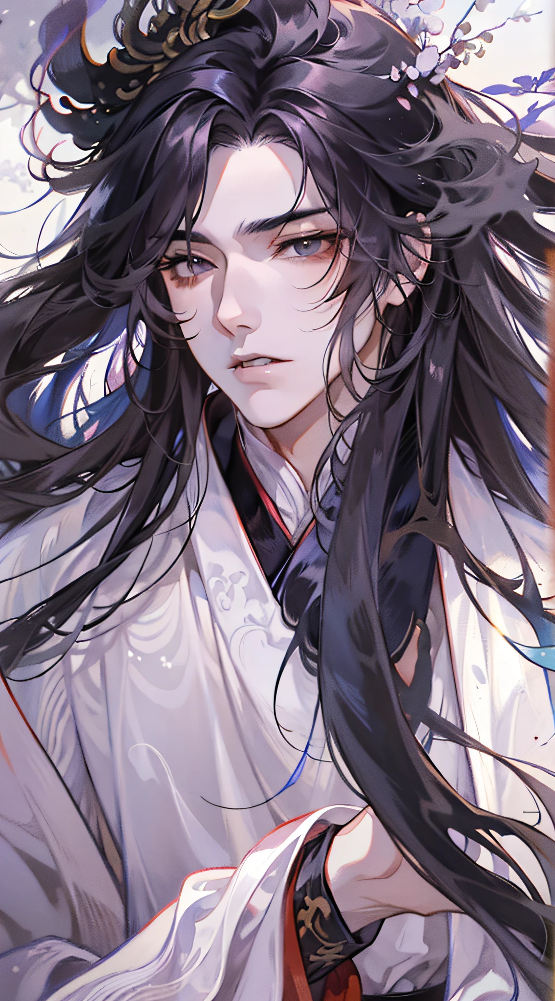Anime characters with black hair and white horses, flowing hair and long , heise jinyao, beautiful male god of deathdsome guy in demon killer artmyoji portrait, Inspired by Seki Dosheng, by Yang J, zhao yun, Beautiful androgynous prince, Inspired by Bian Shoumin, Flowing white robe