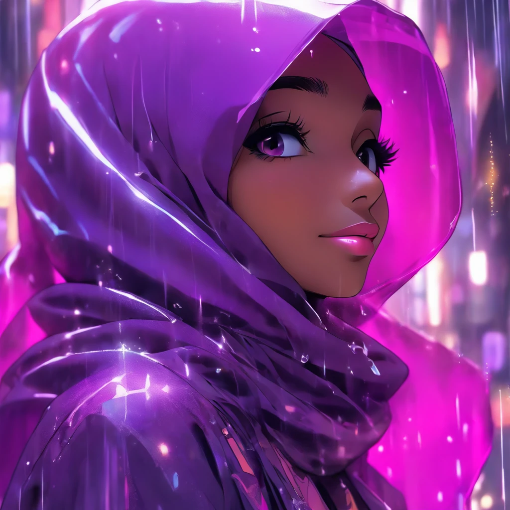 Fashion photography, Malay woman wear hijab, Futuristic, Ethereal, full lips, Detailed, transparent purple plastic rain coat --ar 2:3 --v 5.2