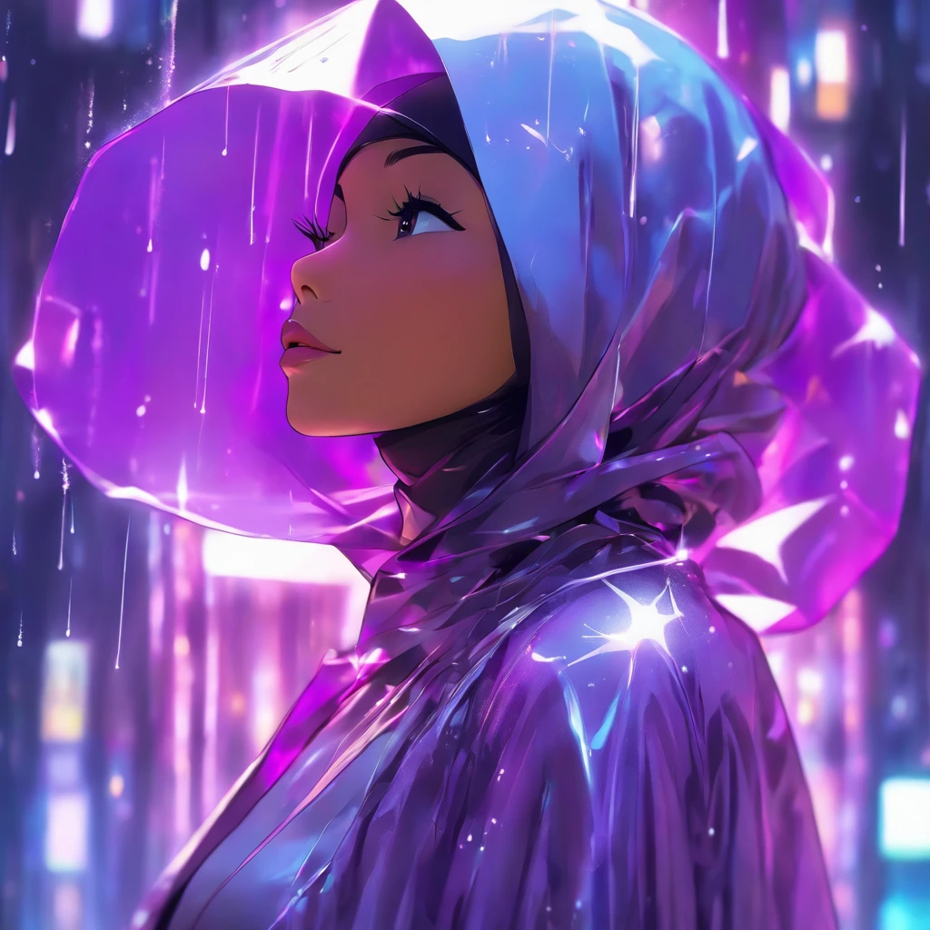 Fashion photography, Malay woman wear hijab, Futuristic, Ethereal, full lips, Detailed, transparent purple plastic rain coat --ar 2:3 --v 5.2