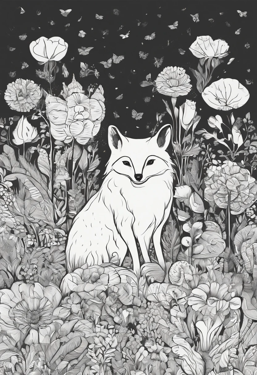 Photo of small animals in a flower field, fauns, line art illustration, , bold intricate ink illustration, forest details, Hand drawn illustrations, intricate details illustration, illustration, A illustration, Seamless pattern design, intricate illustration, Fantasy Forest linear illustration