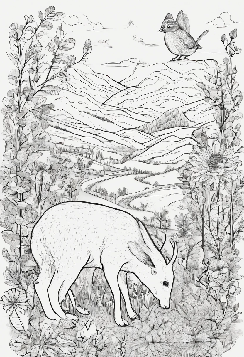Photo of small animals in a flower field, fauns, line art illustration, , bold intricate ink illustration, forest details, Hand drawn illustrations, intricate details illustration, illustration, A illustration, Seamless pattern design, intricate illustration, Fantasy Forest linear illustration