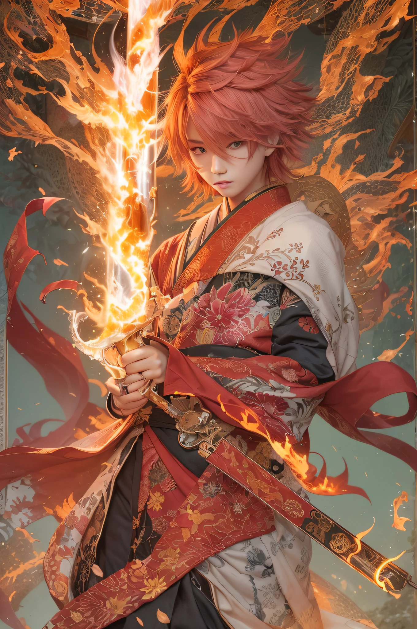 Realistic, (masterpiece, top-quality, bestquality, official art, Beauty and Aesthetics: 1.2), Very detailed, Fractal Art, colorfully, Most Detailed, Zentangle, (palace Background: 1.5) (1boy: 1.3), Divinity, Glow red Hair,Short hair, (Glow red eyes), mysterious, (Magic),fire, Handsome Man, Japanese Style (Japanese Style),tattoo,flaming sword,Engulfed in flames