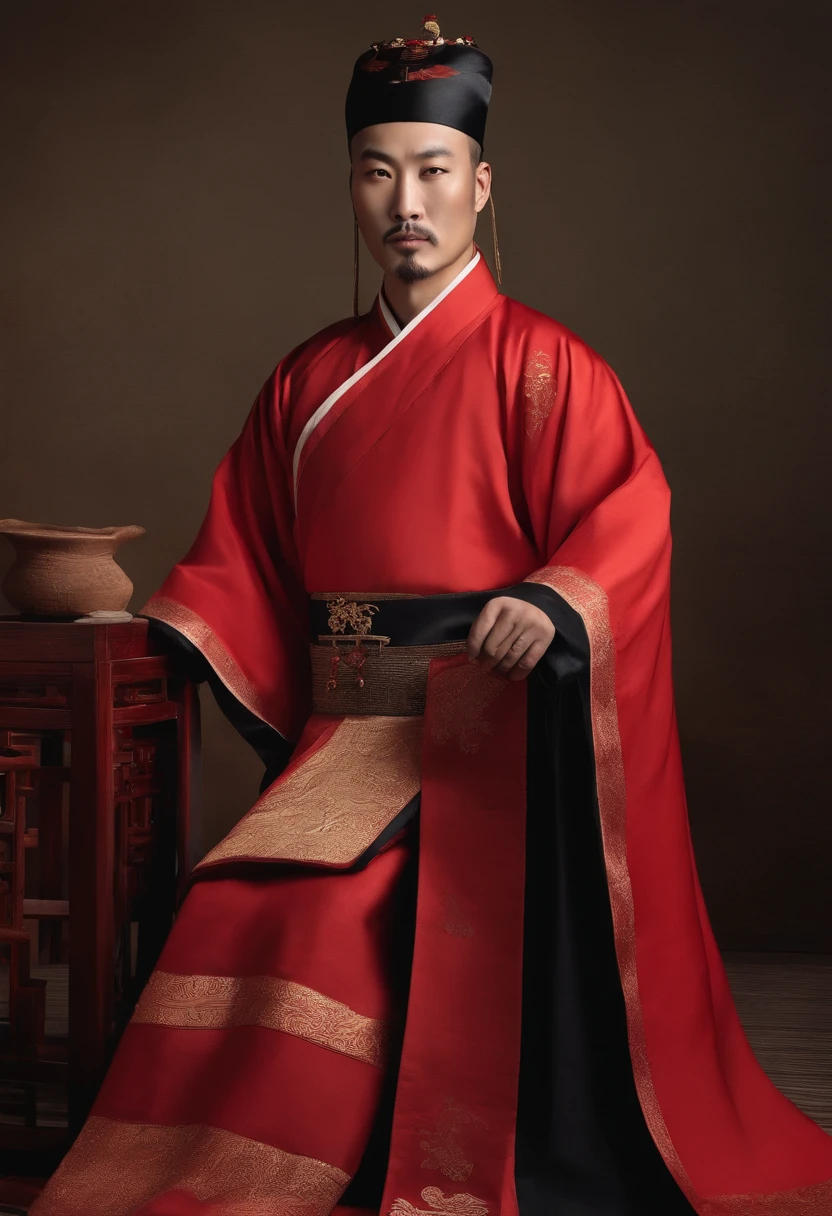 A man stands dressed as a Chinese official from the Song Dynasty,The man wears a cross-legged head,Danfeng Eyes,Lying silkworm eyebrows,The lips are square,The forehead is broad and flat,Eyes are focuse painting style,《Outlaws》,Song Jiang。