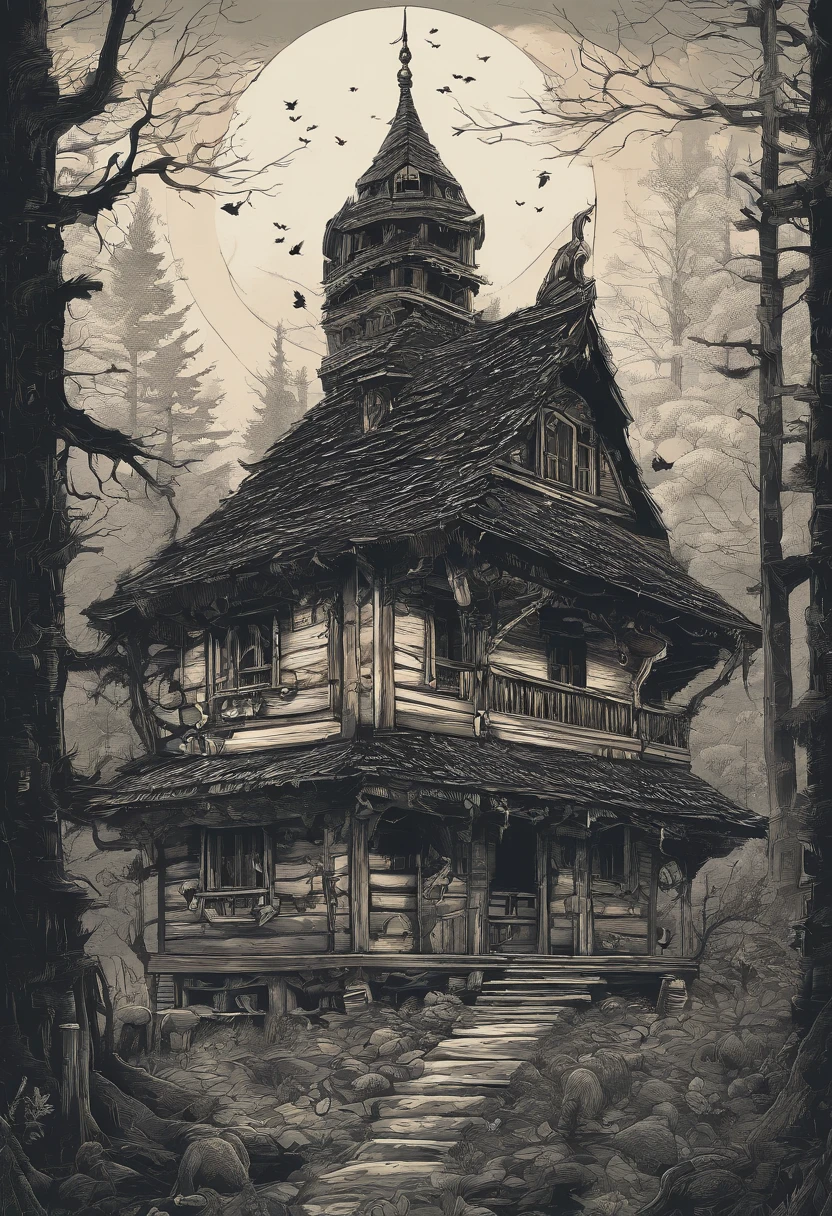 (realistic,ultra-detailed,highres,masterpiece:1.2),dark atmosphere,illustration-style artwork of old Russian fairy tales,dense forest,"Chicken-Legged Hut" standing
Explanation:
- (realistic,ultra-detailed,highres,masterpiece:1.2): to ensure high-quality and detailed image generation.
- dark atmosphere: setting the overall mood of the image to be dark and mysterious.
- illustration-style artwork of old Russian fairy tales: specifying the artistic style and theme of the prompt, evoking the charm of traditional Russian fairy tales.
- dense forest: describing the environment in which the scene is set, emphasizing the closeness and thickness of the forest.
- "Chicken-Legged Hut" standing: introducing a specific element from Russian folklore, adding a fantastical touch to the prompt.
