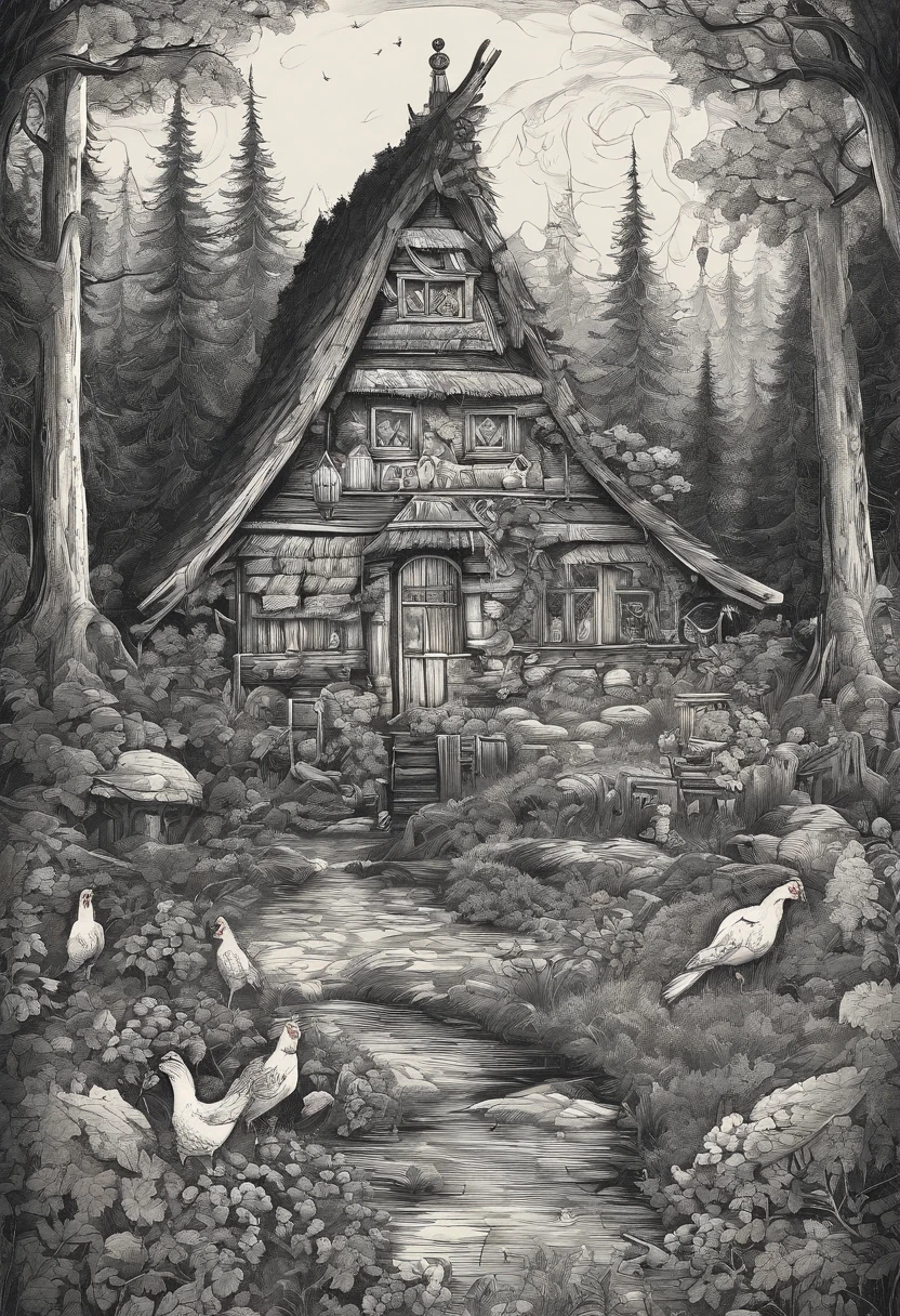 (realistic,ultra-detailed,highres,masterpiece:1.2),dark atmosphere,illustration-style artwork of old Russian fairy tales,dense forest,"Chicken-Legged Hut" standing

Explanation:
- (realistic,ultra-detailed,highres,masterpiece:1.2): to ensure high-quality and detailed image generation.
- dark atmosphere: setting the overall mood of the image to be dark and mysterious.
- illustration-style artwork of old Russian fairy tales: specifying the artistic style and theme of the prompt, evoking the charm of traditional Russian fairy tales.
- dense forest: describing the environment in which the scene is set, emphasizing the closeness and thickness of the forest.
- "Chicken-Legged Hut" standing: introducing a specific element from Russian folklore, adding a fantastical touch to the prompt.