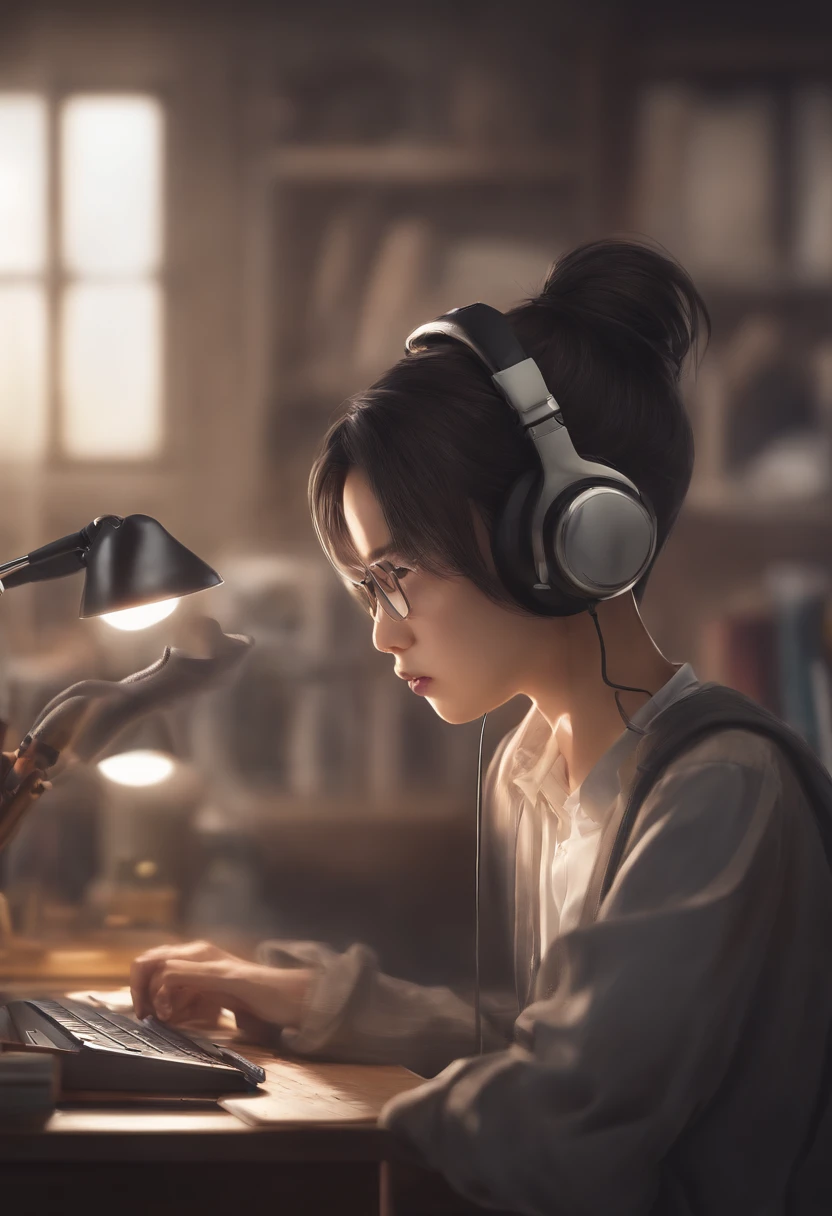 Anime boy sitting at desk writing with headphones on, Hold the test paper in hand,weeping,style of anime4 K, Digital anime illustration, Digital anime art, Anime style. 8K, anime moe art style, Anime art wallpaper 4 K, Anime art wallpaper 4k, Anime style illustration, Smooth anime CG art, Detailed digital anime art, Anime art wallpaper 8 K, Realistic anime 3 D style
