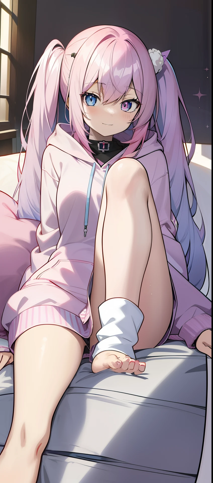 anime girl with pink hair and blue eyes sitting on a bed, anime moe art style, from girls frontline, seductive anime girls, wearing a hoody, trending on artstation pixiv, nightcore, anime visual of a cute girl, (Anime girl), Fine details. Girl Front, Best Rated on pixiv, Cute anime girl, From Arknights, mikudayo