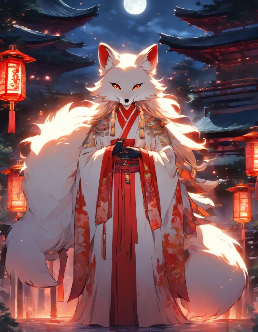 A white, divine fox with nine tails and a shrine maiden are nestled together in front of the main shrine building, illuminated by moonlight. They have beautiful faces and brightly colored shining eyes. They wear white and crimson miko outfits. The fox's white fur shines faintly in the moonlight. Detailed drawing. Vivid colors. High image quality. --s 1000 --ar 4:5 --niji 5
Snuggle up in front of the main shrine in the moonlight、White god with nine tails々The Fox and the Priestess。For a beautiful face、Brightly colored eyes。Wearing a white and crimson priestess uniform。The white fur of a fox、Glowing faintly in the moonlight。Detailed drawing。Vibrant colors。high-level image quality。